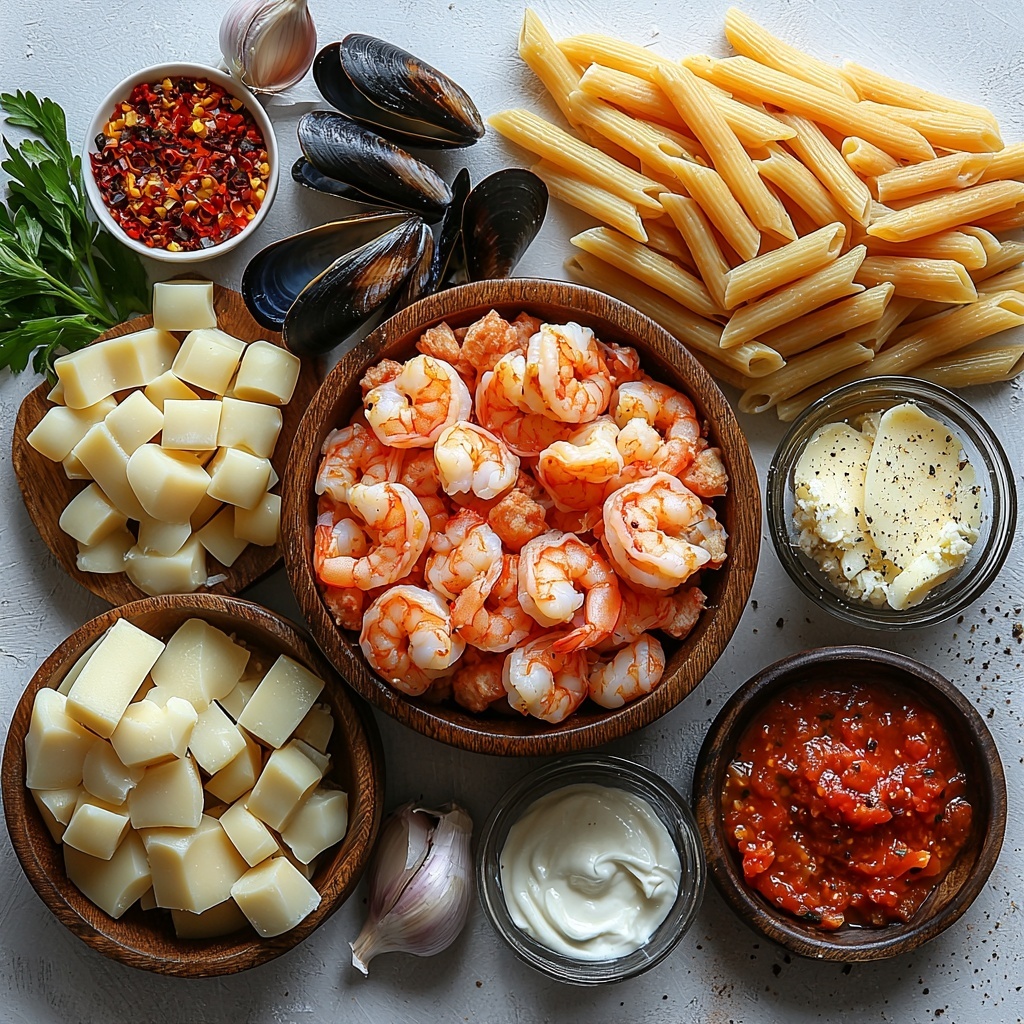 A vibrant flat lay on a clean white surface featuring the main ingredients for a seafood pasta bake: uncooked golden penne pasta scattered loosely in a small rustic bowl and spilled slightly beside it; a small wooden bowl filled with peeled, pink shrimp, glossy black mussels, white squid rings, and creamy scallops arranged artfully; a small glass dish of rich red canned chopped tomatoes next to a tiny spoonful of deep red tomato paste on a white ceramic plate; a wooden scoop holding smooth, golden olive oil; a small heap of finely chopped white onion and minced garlic cloves displayed on a wooden board; a small bowl of creamy off-white heavy cream with a smooth surface; sprinkled piles of dried oregano and bright red chili flakes in separate tiny white porcelain spoons; coarse grains of sea salt and cracked black peppercorns gently scattered; two bowls of grated cheeses—one with soft, fluffy white mozzarella and the other with fine, pale golden Parmesan; and a small bunch of fresh, vibrant green parsley leaves resting nearby. The ingredients are arranged with balanced spacing and natural textures visible: shiny seafood shells, coarse dried herbs, creamy sauces, and rustic wooden elements. Soft natural lighting highlights the colors and freshness, with subtle shadows adding depth. The composition invites the viewer into the cooking process, styled with clean, minimal props and a contemporary aesthetic. Overhead shot, top down view, flat lay photography, professional food styling --ar 1:1 --q 2 --s 750 --v 6.1