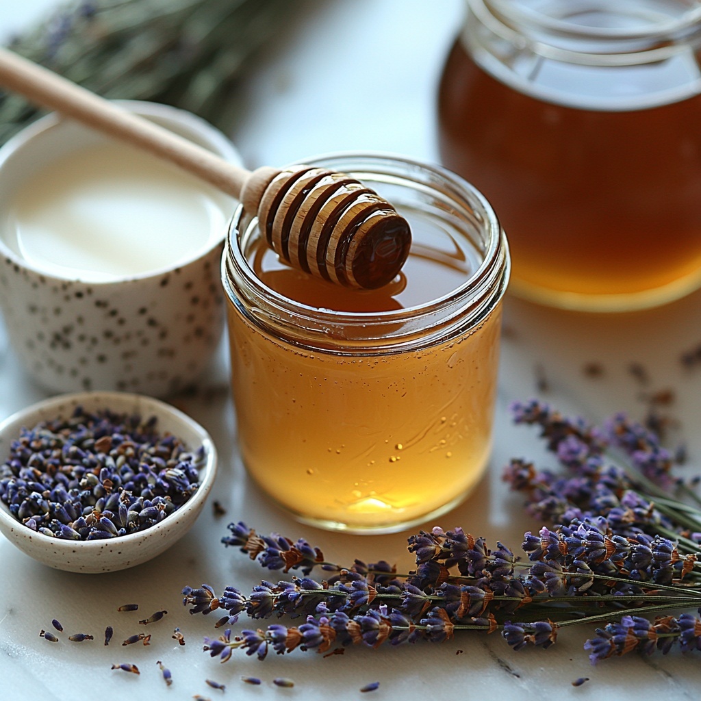 2 shots of dark espresso in a small clear glass, 3/4 cup creamy milk in a white ceramic measuring cup, golden honey in a small glass jar with a wooden honey dipper, a small bowl of pale purple dried culinary lavender buds, a clear glass cup of water, a rustic white ceramic saucepan with a small amount of lavender-infused honey syrup inside, additional honey drizzle artfully placed on a smooth white marble surface, loose lavender buds scattered delicately around for texture and color contrast, soft natural lighting highlighting the warm amber tones of honey and rich dark coffee, subtle shadows for depth, minimalist and clean aesthetic, overhead shot, top down view, flat lay photography, professional food styling --ar 1:1 --q 2 --s 750 --v 6.1