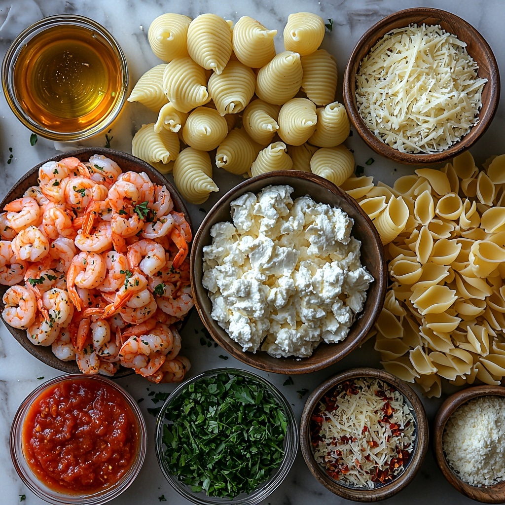 12-15 large pasta shells arranged in a semi-circle, a small bowl of creamy ricotta cheese with a smooth texture, a pile of shredded mozzarella cheese with fluffy strands, chopped pink cooked shrimp scattered delicately, flaky white crab meat and mixed seafood pieces gently clustered, a small mound of finely grated Parmesan cheese, a glass measuring cup filled with rich heavy cream, a bunch of vibrant green chopped fresh parsley sprinkled artistically, small bowls containing garlic powder and onion powder with fine textures, salt and pepper in rustic small dishes, a bright red cup of marinara sauce showing its chunky texture, a clear glass bowl with golden olive oil glistening, a tiny dish of deep red crushed red pepper flakes for contrast, all ingredients arranged neatly on a clean white marble surface with soft natural light highlighting the varied colors and textures, subtle shadows for depth, minimal props for an elegant, fresh, and inviting look, overhead shot, top down view, flat lay photography, professional food styling --ar 1:1 --q 2 --s 750 --v 6.1