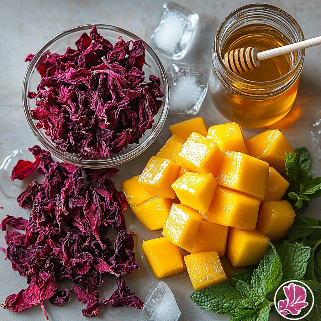 vibrant flat lay of main ingredients for mango hibiscus iced tea arranged neatly on a clean white surface: bright red dried hibiscus flowers in a small ceramic bowl, a peeled ripe mango cut into juicy golden cubes scattered artfully, clear glass jar of golden honey with honey dipper, clear ice cubes with subtle reflections, fresh green mint leaves elegantly placed near the fruits, a small white ceramic pitcher of water, natural textures and soft natural lighting emphasizing vivid colors and freshness, minimalistic and airy styling with gentle shadows, overhead shot, top down view, flat lay photography, professional food styling --ar 1:1 --q 2 --s 750 --v 6.1