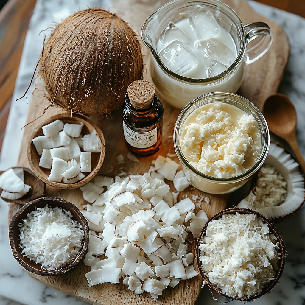 vanilla extract in a small glass bottle with a dark amber liquid, a can of sweetened condensed milk with smooth, creamy white texture visible on a small dish, a can of evaporated milk showing thick off-white cream, a clear glass filled with light translucent coconut water, fresh medium coconut cracked open displaying rough brown shell and white chopped coconut flesh in small, irregular pieces scattered neatly on a wooden cutting board, a large transparent pitcher partially filled with a creamy white coconut milk mixture, a clear bowl with ice cubes sparkling with condensation, all ingredients arranged neatly on a clean white marble surface. The composition includes natural light highlighting the creamy textures and subtle shadows for depth, minimalistic styling with a fresh and airy feel, small wooden spoon and glass measuring cup placed casually nearby for added interest. overhead shot, top down view, flat lay photography, professional food styling --ar 1:1 --q 2 --s 750 --v 6.1