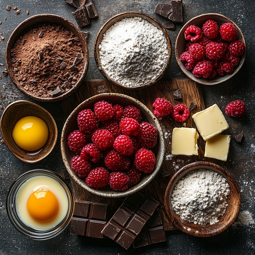 A clean, bright surface displaying all ingredients for a chocolate raspberry tart, arranged neatly in a visually balanced flat lay. Include a small mound of all-purpose flour with a dusting of cocoa powder nearby, a heap of powdered sugar in a rustic ceramic bowl, cold cubed butter with visible sharp edges on a wooden cutting board, a small glass bowl holding an egg yolk glowing golden, alongside a tiny dish of coarse salt and a spoonful of cold water droplets. A clear glass bowl contains finely chopped dark chocolate pieces, another bowl with white chocolate chunks, and a small pitcher of heavy cream with a slight sheen. Fresh whole raspberries with deep red color and velvety texture are scattered artfully, some in a rustic wooden bowl. Add a small bowl with dark chocolate ganache glossy and rich, finished with a pat of unsalted butter beside it. Include subtle natural light casting gentle shadows, soft focus background to emphasize textures—the powdery, creamy, and glossy elements contrasting beautifully. Use warm, neutral tones with pops of vibrant red from raspberries, rich browns from chocolates and cocoa, and the creamy whites from sugars and creams. Overhead shot, top down view, flat lay photography, professional food styling --ar 1:1 --q 2 --s 750 --v 6.1
