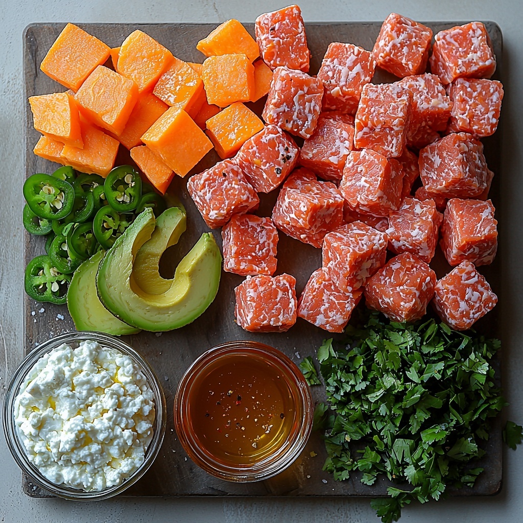 a vibrant flat lay of fresh cooking ingredients for a ground beef and sweet potato bowl, neatly arranged on a clean white surface; peeled sweet potatoes cut into uniform 1/2-inch cubes showcasing their bright orange color and rough texture; raw ground beef formed into a compact mound with a rich deep red hue; a small bowl of creamy white cottage cheese with visible curds; a clear small bowl holding golden olive oil; scattered small piles of warm-toned chili powder, cumin, garlic powder, onion powder, salt, and black pepper with fine and coarse textures; an old-fashioned packet or small container of taco seasoning in rustic packaging; fresh bright green parsley leaves finely chopped in a small heap; ripe avocado slices displaying smooth, glossy green tones with creamy texture; thin slices of green jalapenos with visible seeds arranged in a delicate line; a small dish of shiny amber hot honey catching light; tiny vibrant red flakes of crushed red pepper sprinkled carefully nearby; all ingredients spaced evenly in visually balanced grouping to create color contrast and texture variety, styled with minimal shadows and soft natural lighting, capturing freshness and inviting warmth, overhead shot, top down view, flat lay photography, professional food styling --ar 1:1 --q 2 --s 750 --v 6.1