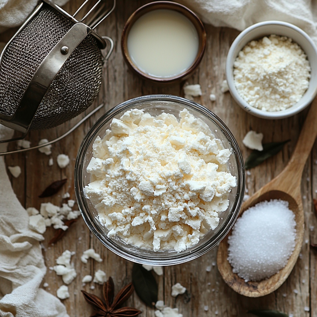 powdered sugar in a small clear glass bowl showing fine white powder texture, a vintage metal sifter filled with sifted powdered sugar, a small white ceramic bowl with creamy off-white milk, a tiny glass ramekin with translucent golden vanilla extract, a small heap of fine white salt grains on a wooden spoon, all carefully arranged on a clean, light wood surface with natural soft daylight highlighting the subtle contrasts and textures, minimalistic style with neutral linen napkin and elegant silver whisk partially visible, delicate shadows adding depth and warmth, focus on purity and simplicity, overhead shot, top down view, flat lay photography, professional food styling --ar 1:1 --q 2 --s 750 --v 6.1