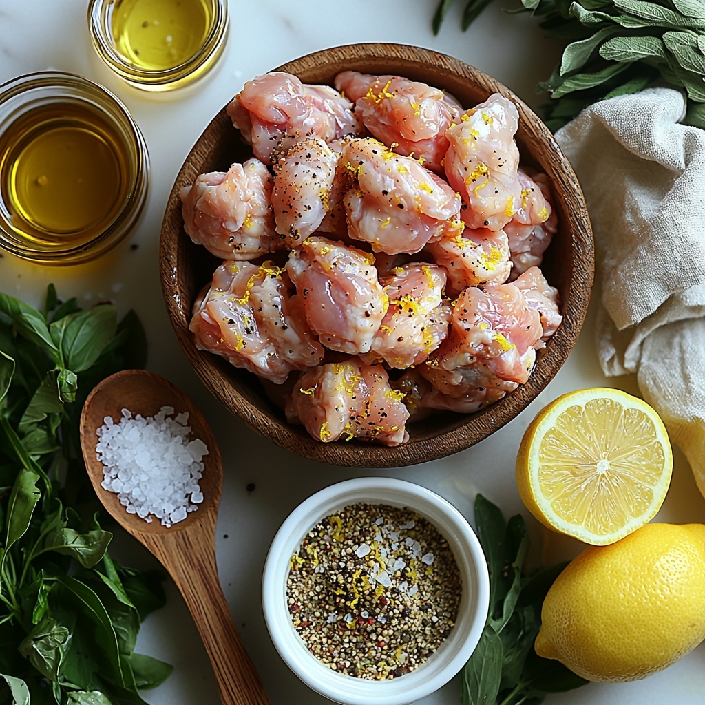 A clean white surface with raw chicken wings neatly arranged in a small rustic bowl, next to a small glass bowl of golden olive oil with a slight sheen; a wooden spoon resting beside a shallow white dish filled with coarse lemon pepper seasoning displaying yellow lemon zest flecks and cracked black pepper; a small white ramekin containing fine white garlic powder; a tiny ceramic bowl of fine sea salt crystals shimmering subtly; a halved fresh lemon with bright yellow flesh and textured rind, accompanied by a small splash of fresh lemon juice pooled on a white porcelain spoon. Soft natural light highlights the contrast between the pale pink chicken skin, the vibrant yellow lemon, and the earthy tones of seasonings, with minimal shadows creating a fresh, inviting atmosphere. The ingredients are spaced evenly with slight overlaps for depth, incorporating rustic kitchen props like a linen napkin folded neatly in one corner and a vintage measuring spoon to enhance the artisanal feel. overhead shot, top down view, flat lay photography, professional food styling --ar 1:1 --q 2 --s 750 --v 6.1