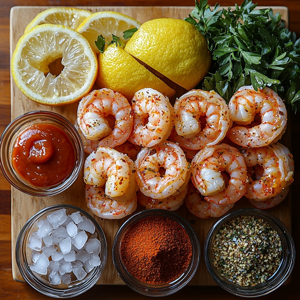 A clean white surface featuring all main ingredients for Southern Shrimp Cocktail artfully arranged in an inviting flat lay: bright pink large peeled and deveined shrimp with tails on, clustered neatly on a bed of crushed clear ice; a halved fresh lemon with vibrant yellow color and textured rind, some wedges separated artistically; small piles and bowls showcasing Old Bay or Creole seasoning with warm rusty red and brown tones, coarse kosher salt crystals glistening; a fresh green bay leaf alongside two rustic smashed garlic cloves with papery skins partially peeled; a clear glass bowl filled with deep red glossy ketchup; a small dish of creamy off-white prepared horseradish; a tiny amber bowl of Louisiana-style hot sauce; measuring spoons containing apple cider vinegar and Worcestershire sauce with rich, dark hues; scattered pinch of smoked paprika and cayenne pepper powders adding a smoky red dusting; a small bunch of fresh green parsley or dill for garnish providing a pop of herbaceous color; cracked black pepper and salt flakes sprinkled around for texture. Light reflecting softly off the ice and glass containers, shadows subtly defining textures, with a minimalist, bright, and fresh styling emphasizing vibrant colors and natural textures of ingredients. Overhead shot, top down view, flat lay photography, professional food styling --ar 1:1 --q 2 --s 750 --v 6.1