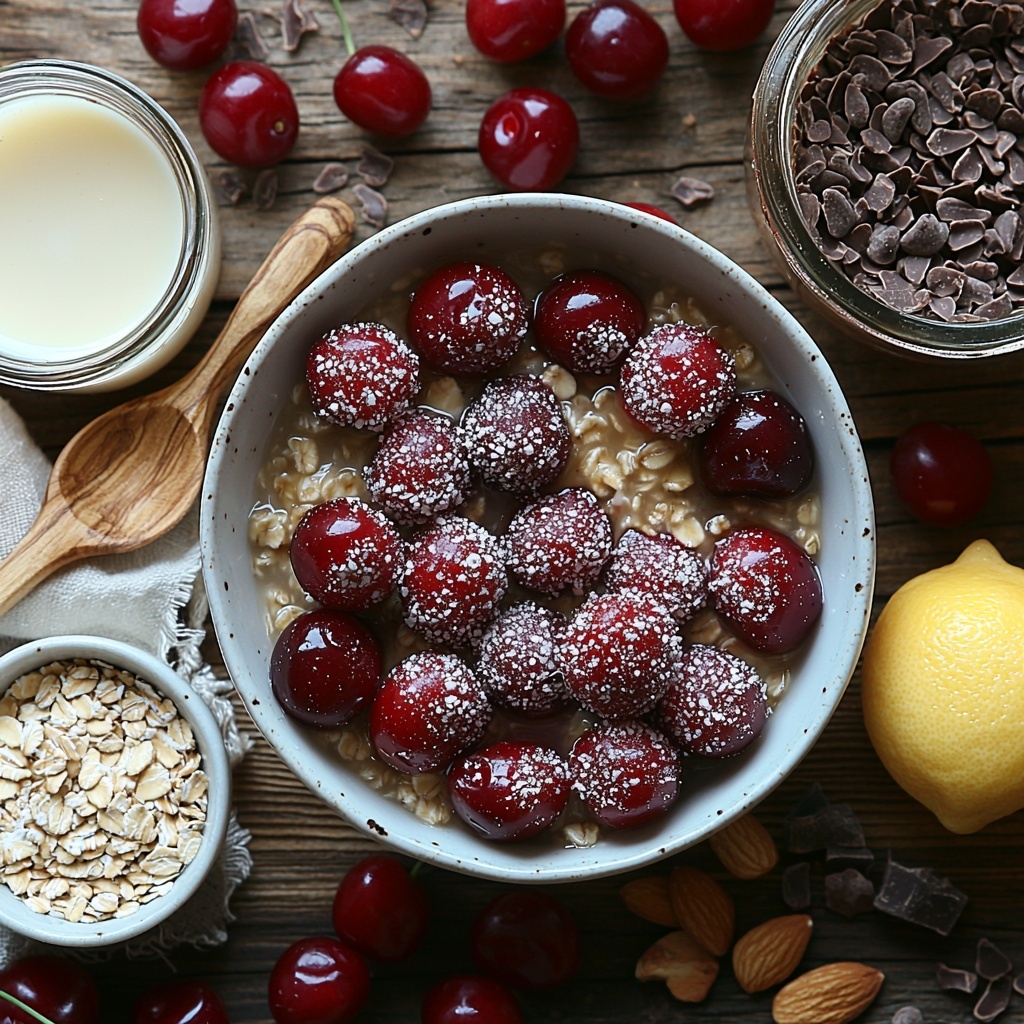 old fashioned oats in a small white ceramic bowl, dairy-free milk in a clear glass measuring cup, frozen sweet pitted cherries scattered with some thawed and slightly mashed showing rich deep red color and juice pooling on a rustic wooden surface, almond butter in a small glass jar with creamy smooth texture, ground flax-seed in a tiny white dish with fine grainy texture, a small spoonful of golden maple syrup glistening on a white porcelain spoon, fresh lemon juice in a small clear dish with pale yellow hue, a tiny bowl of pale creamy dairy-free yogurt with smooth swirls, vegan chocolate chips scattered dark brown and glossy, cocoa nibs small scattered rough textured bits, sliced almonds thin and pale with subtle texture, all ingredients arranged neatly with natural light casting soft shadows, styled with minimal rustic props like linen napkin and wooden spoons, color contrast between reds, browns, creams, and natural wood tones, clean surface background emphasizing freshness and wholesome vibe, overhead shot, top down view, flat lay photography, professional food styling --ar 1:1 --q 2 --s 750 --v 6.1