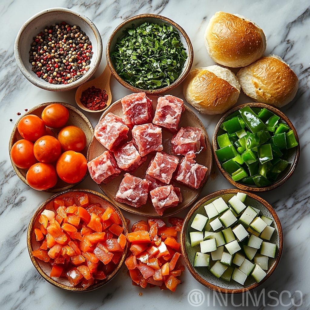 500 grams of cleaned lamb intestines, uncooked and raw with a slightly glossy, pale pink-gray texture; two medium ripe tomatoes finely diced into bright red cubes; two green bell peppers finely diced showing vivid green, glossy flesh; one small onion finely diced with crisp white and pale purple layers; small wooden bowl containing dried oregano with muted green flakes; small ceramic spoon holding deep red chili flakes; pinch of warm brown ground cumin on a rustic white plate; coarse salt and cracked black pepper scattered subtly on a wooden surface; two tablespoons of golden olive oil in a glass bowl reflecting light; two crusty sandwich rolls with a golden-brown, textured crust and soft crumb peeked inside; all ingredients neatly arranged on a smooth, clean white marble surface with subtle natural light casting soft shadows, styled with minimalistic props such as a linen napkin in neutral tones and a vintage silver spoon nearby, emphasizing fresh colors and textures, overhead shot, top down view, flat lay photography, professional food styling --ar 1:1 --q 2 --s 750 --v 6.1