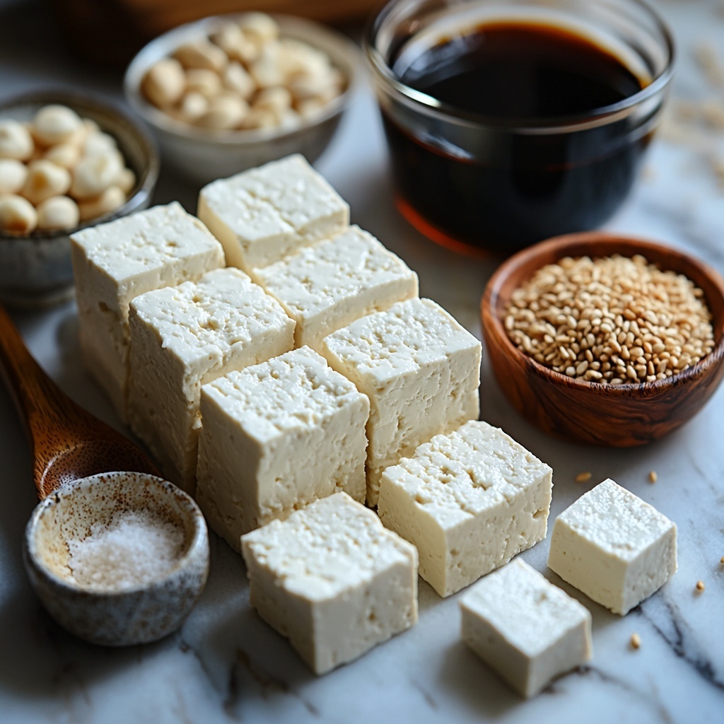 firm tofu block with smooth pale beige surface, small cubes of tofu showing firm texture scattered nearby, white powdery cornstarch and fine beige garlic powder in small white ceramic bowls, glossy amber sesame oil in a clear glass bowl reflecting light, light golden toasted sesame seeds in a rustic wooden spoon, dark glossy soy sauce in a minimalist black dipping bowl; all ingredients arranged neatly on a clean white marble surface with soft natural light creating gentle shadows, balanced spacing for visual harmony, subtle rustic kitchen linen partially framing the composition, warm and inviting color palette highlighting textures and freshness, overhead shot, top down view, flat lay photography, professional food styling --ar 1:1 --q 2 --s 750 --v 6.1