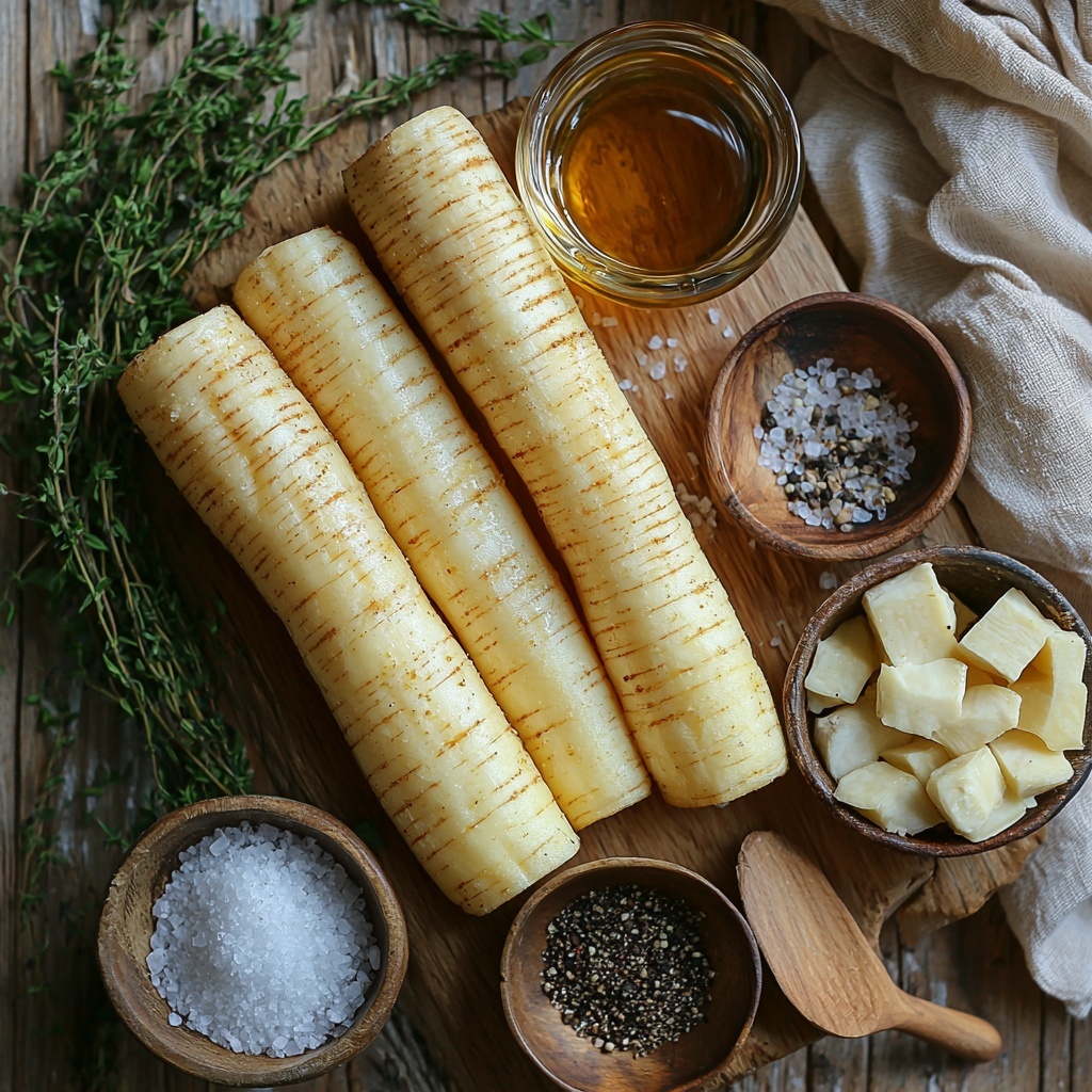 a clean, light wooden surface featuring the main ingredients for maple roasted parsnips: fresh parsnips peeled and cut into uniform sticks with creamy off-white color and slightly rough texture, small glass bowls containing golden amber maple syrup and rich green olive oil, scattered fresh thyme sprigs with vibrant green leaves, a small bowl of coarse sea salt crystals, a bowl of freshly ground black pepper flecks, and a vintage silver spoon resting nearby. The ingredients are artfully arranged with slight overlaps and natural spacing to highlight contrasting colors and textures, soft natural lighting casting gentle shadows, minimal rustic props like a linen napkin in neutral beige and a wooden-handled knife placed diagonally adding warmth and coziness, emphasizing an inviting, cozy kitchen atmosphere. overhead shot, top down view, flat lay photography, professional food styling --ar 1:1 --q 2 --s 750 --v 6.1
