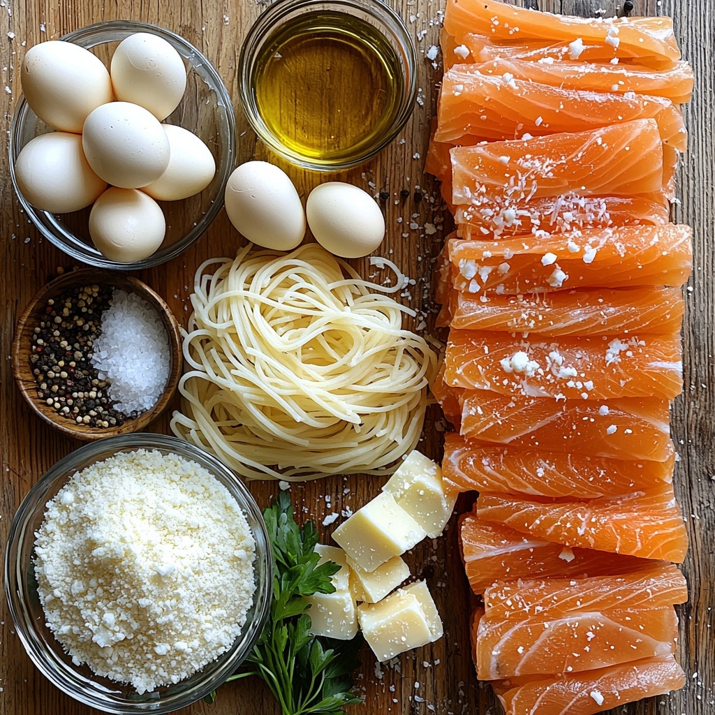 8 oz uncooked spaghetti neatly bundled in a light beige pile, 4 oz cold-smoked salmon sliced into delicate pink-orange strips arranged artfully in a small heap, 3 large bright yellow egg yolks in a clear glass bowl showing their smooth texture, 1/2 cup freshly grated Parmesan cheese with fine snowy white flakes scattered loosely on a rustic wooden surface, 1 tablespoon glossy golden olive oil in a small dipping bowl, 1 clove garlic minced into tiny white pieces placed near the oil, coarse salt crystals and freshly cracked black peppercorns sprinkled casually around, and 1 tablespoon chopped fresh parsley with vibrant green color adding a fresh pop, all carefully spaced on a clean light wood background with natural soft daylight highlighting colors and textures, some ingredients casting gentle shadows for depth, styled with minimalist elegance and slight rustic charm, overhead shot, top down view, flat lay photography, professional food styling --ar 1:1 --q 2 --s 750 --v 6.1