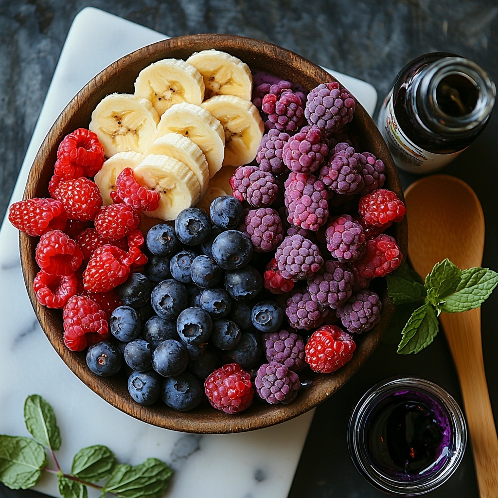 a clean white marble surface laid out with ingredients for a homemade acai smoothie bowl: ripe bananas peeled and sliced into half-inch coins arranged in a neat fan shape, a small rustic bowl filled with vibrant mixed berries in shades of deep red, purple, and blue representing Wyman’s of Maine berries, a glossy acai packet slightly opened with a hint of dark purple acai pulp visible, a clear glass measuring cup containing creamy off-white unsweetened almond milk, and a small glass bottle with a dropper of vanilla extract next to a tiny white ceramic dish holding a pinch of vanilla extract—all spaced evenly with natural soft daylight casting gentle shadows, pops of color from the berries contrasting with the pale bananas and milk, textured surfaces highlighting freshness, styled with minimal props like a wooden spoon and fresh green mint leaves for subtle accent, overhead shot, top down view, flat lay photography, professional food styling --ar 1:1 --q 2 --s 750 --v 6.1
