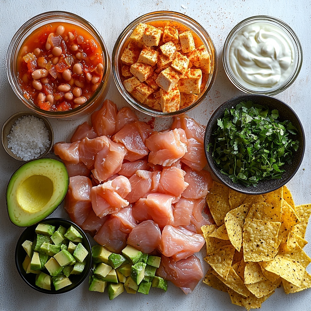 A bright, clean white surface featuring an artfully arranged flat lay of ingredients for Slow Cooker Creamy Chicken Tortilla Soup: a small glass bowl of golden oil glistening under soft light; finely diced white onion piled neatly beside chopped vibrant green jalapeno pieces; three peeled garlic cloves and a small spoon with garlic powder; raw chicken breasts with smooth pale pink skin arranged in a natural cluster; a rustic jar filled with chunky red salsa; a small bowl of diced light green chilies; scattered cinnamon-brown chili powder and cumin spice heaps alongside tiny piles of salt and black peppercorns; a glass measuring cup of rich golden chicken broth; two cans with their lids off showing dark black beans and mottled beige pinto beans; a delicate white ramekin holding thick, creamy off-white heavy cream; bright green chopped cilantro leaves spread in a small mound; a small bowl with golden crispy fried tortilla strips catching subtle highlights; fresh avocado slices showcasing their creamy pale green flesh and dark skin edges; a rustic bowl overflowing with fluffy shredded yellow and white cheese; and a dollop of smooth, glossy sour cream on a tiny plate. Textural contrasts of smooth chicken, creamy dairy, and crisp tortilla strips balanced by the colorful spices and fresh herbs on a minimalistic background. The composition radiates warmth and freshness with natural lighting emphasizing vivid colors and varied textures, styled for professional food photography—overhead shot, top down view, flat lay photography, professional food styling --ar 1:1 --q 2 --s 750 --v 6.1