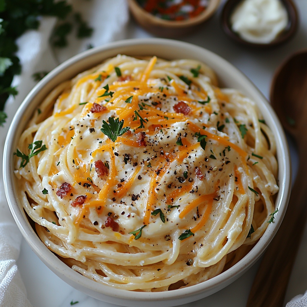 12 ounces cooked al dente spaghetti neatly twirled in a small pile, 3 cups shredded cooked chicken fluffed and separated, 8 ounces softened cream cheese in a smooth block, 1 can of cream of chicken soup opened with creamy, slightly glossy texture visible, 1 cup thick sour cream in a white ceramic bowl, 2 cups shredded sharp cheddar cheese bright orange and finely grated, 1 packet ranch seasoning mix in its original colorful packaging, 6 slices cooked crispy bacon crumbled with a rich mahogany color, small bowls of salt and black pepper, and 2 tablespoons fresh chopped parsley with vibrant green leaves scattered lightly. All ingredients are arranged thoughtfully on a clean white marble surface, spaced evenly with natural light casting soft shadows to enhance textures and colors. Minimal props like a wooden spoon and linen napkin in neutral tones complement the scene, emphasizing freshness and comfort. overhead shot, top down view, flat lay photography, professional food styling --ar 1:1 --q 2 --s 750 --v 6.1