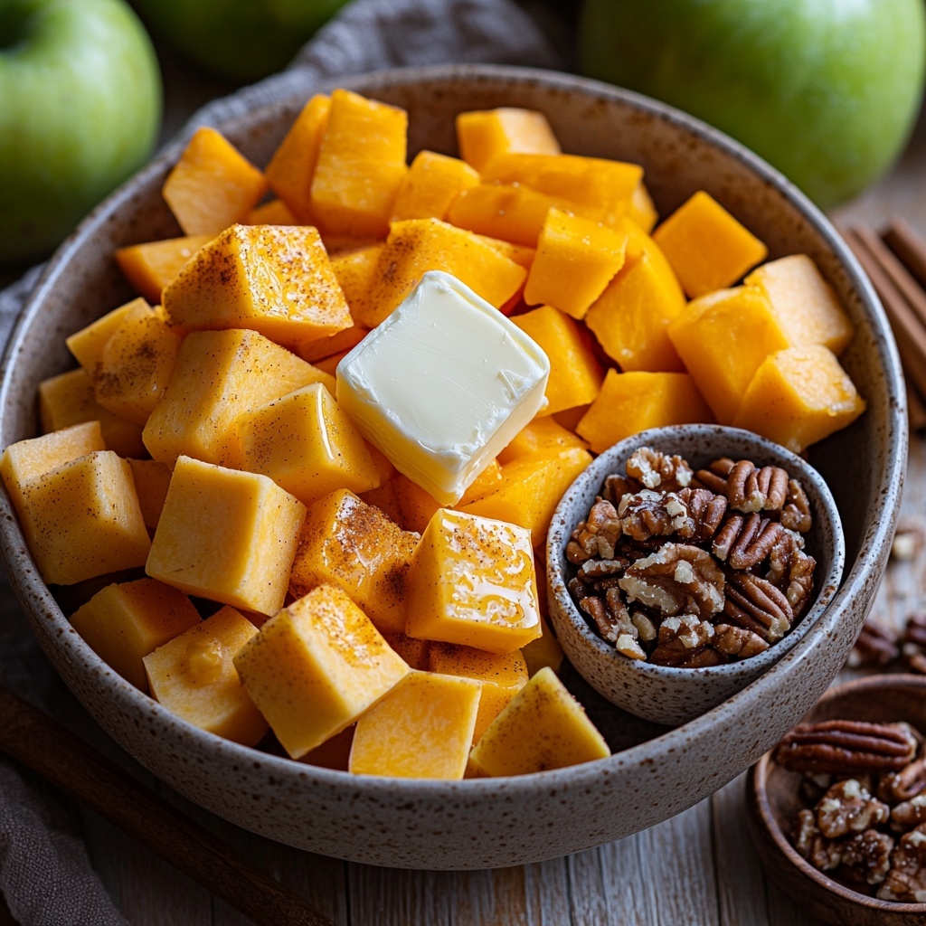 butternut squash peeled and cubed, Granny Smith and Honeycrisp apples sliced into wedges, small heap of brown sugar in a rustic bowl, cubes of unsalted butter on a wooden spoon, ground cinnamon and nutmeg in tiny ceramic dishes, a bowl of chopped walnuts and pecans, all ingredients carefully arranged on a clean light wood surface with warm natural light highlighting the vibrant orange of the squash and the varied green and red apple skins, soft shadows adding depth, textures of rough squash skin, smooth apple peel, crystalline sugar, and buttery softness clearly visible, styled with a cozy autumn vibe featuring a subtle linen napkin corner, oatmeal color, and a few scattered cinnamon sticks for accent, overhead shot, top down view, flat lay photography, professional food styling --ar 1:1 --q 2 --s 750 --v 6.1