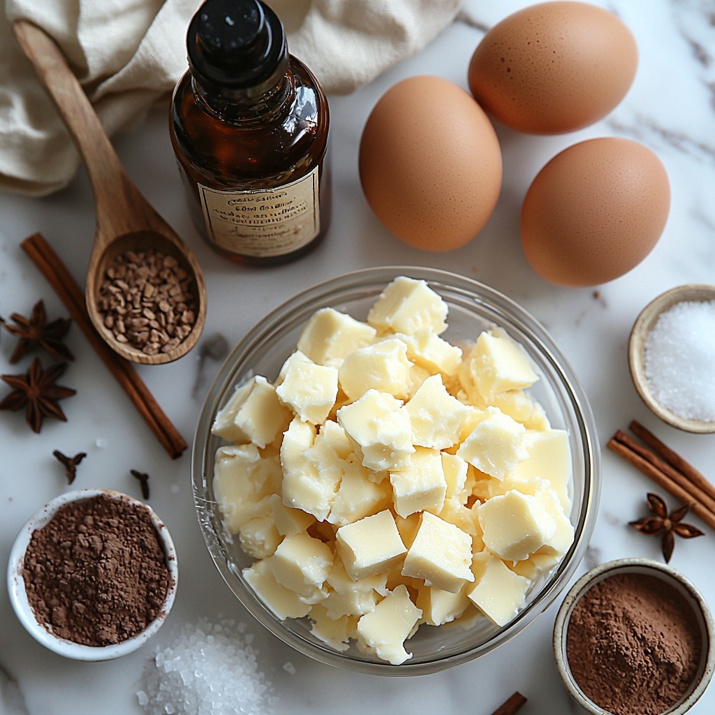 Butter melted in a small glass bowl with a warm golden sheen, a heap of white granulated sugar sparkling under the light, four large brown eggs with smooth shells arranged neatly, a small glass bottle with rich amber vanilla extract, a mound of fine light beige all-purpose flour on a white ceramic plate, deep dark brown unsweetened cocoa powder in a rustic wooden spoon, a small bowl of fine white salt crystals, a square of creamy off-white softened cream cheese on parchment paper, a bright orange dollop of smooth pumpkin puree in a white ramekin, a second heap of white granulated sugar beside the first, two more large brown eggs similar to the first set, a small bottle of dark amber vanilla extract matching the first, ground cinnamon in a wooden spice bowl with warm reddish-brown powder, ground nutmeg with fine textured light brown powder in another small bowl, powdered ginger in a tiny dish with pale yellow tone, and a pinch of white salt in a mini scoop — all ingredients carefully spaced on a clean white marble surface with soft natural light casting gentle shadows, minimalistic white ceramic and wooden bowls enhancing texture contrasts, subtle cinnamon sticks and a small pumpkin placed decoratively at the edges to add seasonal warmth, slight rustic touches with natural linen napkin folded neatly nearby — overhead shot, top down view, flat lay photography, professional food styling --ar 1:1 --q 2 --s 750 --v 6.1