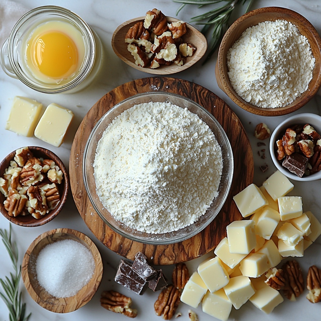all-purpose flour in a small glass bowl with a fine dusting around it, a neat pile of powdered sugar in a white ceramic dish, cold unsalted butter cubes on a wooden cutting board showcasing creamy pale yellow tones, a single large egg yolk in a small clear bowl glowing golden, a tablespoon of cold water in a tiny glass cup, granulated sugar sparkling like crystals in a shallow bowl, chunks of unsalted butter arranged alongside the sugar, a small jug of heavy cream with a silky white texture, a vanilla bean pod and a tiny bowl of vanilla extract reflecting warm amber hues, a pinch of fine salt in a white porcelain spoon, a bowl filled with glossy chocolate-covered toffee bits displaying rich browns and caramel colors, a small pile of chopped pecans and walnuts adding rustic earth tones, all ingredients carefully spaced and balanced on a clean, white marble surface with soft natural light highlighting textures and colors, minimal shadows, styled with rustic props like a linen napkin and wooden utensils to evoke warmth and homely comfort, overhead shot, top down view, flat lay photography, professional food styling --ar 1:1 --q 2 --s 750 --v 6.1