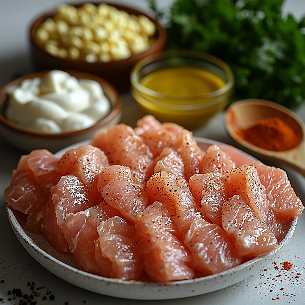 3 cups golden crushed cornflakes in a rustic white bowl, 5 raw chicken tenderloins with a smooth, pale pink surface neatly arranged beside the bowl, a small glass bowl with glossy honey and smooth mustard swirled together displaying rich amber and yellow tones, another small bowl filled with creamy white mayonnaise, a separate bowl of sour cream with a soft, velvety texture, a wooden spoon resting on a sprinkle of coarse sea salt crystals, small piles of black peppercorns and vibrant deep red smoked paprika powder creating colorful contrast on the white surface, a small pile of finely chopped bright green parsley leaves adding freshness and color, all ingredients spread thoughtfully on a clean, matte white surface with soft natural light highlighting textures and colors, subtle shadows for depth, minimal props with a focus on fresh ingredients, overhead shot, top down view, flat lay photography, professional food styling --ar 1:1 --q 2 --s 750 --v 6.1