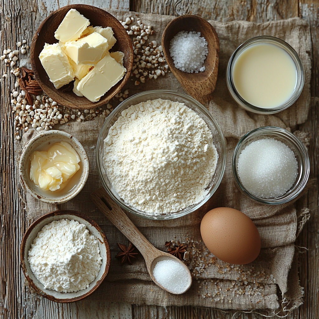 a clean, bright wooden surface with all-purpose flour in a small glass bowl showing fine, powdery white texture; granulated sugar in a vintage ceramic scoop with sparkling white crystals; light beige baking powder in a tiny ramekin; a small dish of fine salt crystals; a clear glass measuring cup filled with smooth, creamy milk; a fresh large brown egg with glossy shell; a small bowl of melted golden butter showing shiny, rich texture; a small glass vial of amber vanilla extract with a subtle shimmer; each ingredient carefully spaced in a balanced circular arrangement with soft natural lighting highlighting textures and colors; minimalistic styling with neutral linen napkin and subtle shadows to add depth; overall bright, clean, fresh aesthetic, overhead shot, top down view, flat lay photography, professional food styling --ar 1:1 --q 2 --s 750 --v 6.1