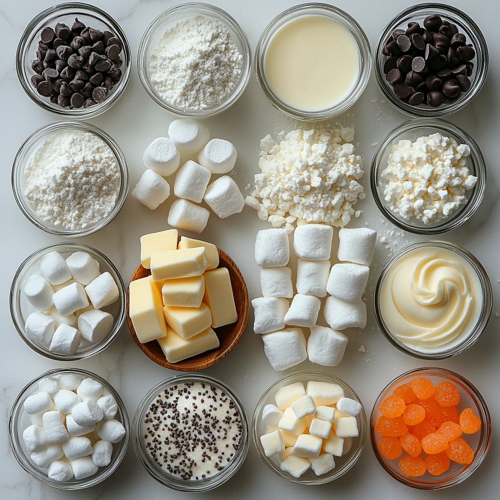 A clean white surface neatly arranged with the main ingredients for melted snowman sugar cookies: a small pile of all-purpose flour with a wooden scoop, a small bowl holding white granulated sugar, a few cubes of pale yellow unsalted butter softened, a single brown large egg, a glass measuring cup with creamy milk, a small bowl of bright orange candy pieces, a handful of large fluffy white marshmallows scattered casually, tiny miniature dark chocolate chips in a small ceramic dish, a jar of smooth white icing or frosting with an offset spatula resting beside it, a tube of glossy black decorating gel, and small white bowls containing light brown baking soda, pale beige baking powder, and a pinch of salt. The textures vary from soft and powdery to smooth and shiny, with pops of white, orange, and black creating visual interest. Soft natural lighting highlights each element’s detail and freshness. Overhead shot, top down view, flat lay photography, professional food styling --ar 1:1 --q 2 --s 750 --v 6.1