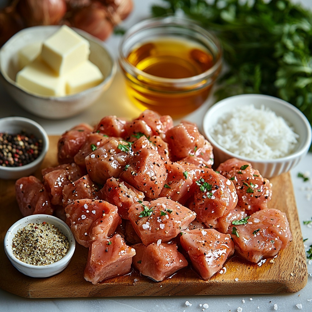 boneless skinless chicken thigh pieces arranged in a neat pile showing their pale pink texture, small heap of coarse salt crystals, scattered black peppercorns and ground black pepper sprinkled lightly, a small glass bowl with golden amber honey glistening under soft light, minced garlic cloves finely chopped and slightly moist in a white ceramic bowl, a clear measuring cup with pale golden chicken stock, a small bowl containing light soy sauce with dark brown glossy surface, glass container with translucent rice vinegar, a pinch of bright red chilli flakes displayed on a small white spoon, 2 tbsp cornstarch powder in a small white ramekin showing a fine powdery texture, a tiny bowl with cold water in transparent glass, fresh finely chopped parsley with vivid green leaves sprinkled loosely, a pat of pale creamy unsalted butter on a wooden board, a small clear bowl with vegetable oil shimmering golden, cooked white rice in a simple white bowl with fluffy texture all arranged artfully on a clean white surface with soft natural light highlighting the colors and textures, some shadows for depth, minimalistic and elegant styling with a few fresh parsley sprigs scattered around for accent overhead shot, top down view, flat lay photography, professional food styling --ar 1:1 --q 2 --s 750 --v 6.1