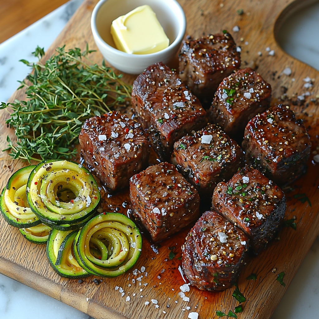 Sirloin steak cubes seasoned with salt, black pepper, smoked paprika, and Italian herbs arranged neatly on a rustic wooden cutting board, fresh minced garlic cloves on a small ceramic bowl beside it, a glossy pat of butter partially melted on a vintage butter knife, a drizzle of golden olive oil pooling gently on a clean white surface. Nearby, three medium spiralized zucchini noodles arranged in delicate loose nests showcasing vibrant green hues and fresh, moist texture. Small piles of coarse salt, cracked black pepper, and red pepper flakes scattered artfully on the surface. A small pile of grated Parmesan cheese in a miniature bowl adds a soft, powdery contrast. The background is a clean, bright marble slab that reflects natural soft daylight, with subtle shadows enhancing textures and freshness. Styling includes wooden-handled utensils and a sprig of fresh herbs for an earthy, inviting touch. Overhead shot, top down view, flat lay photography, professional food styling --ar 1:1 --q 2 --s 750 --v 6.1