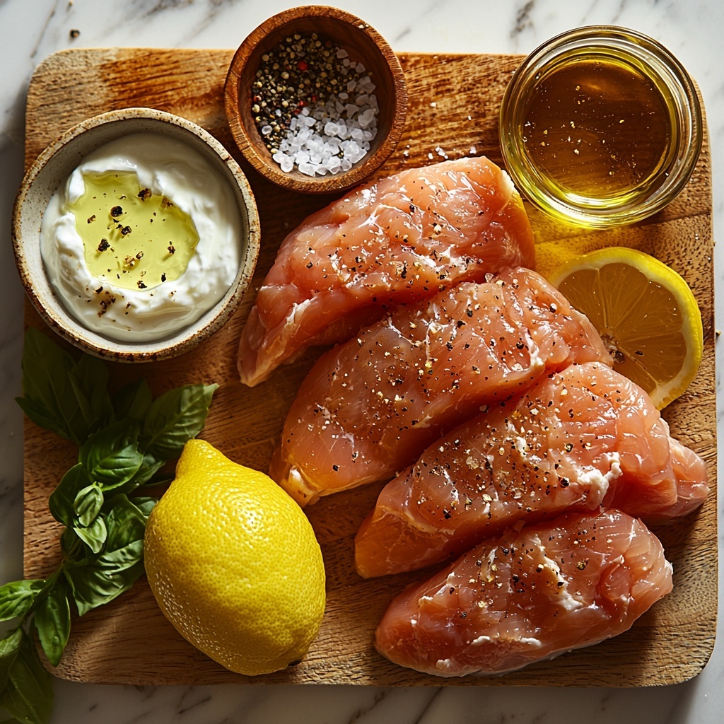 A clean white marble surface with all main ingredients arranged neatly for a flat lay: four raw chicken breasts with a subtle pink hue placed centrally on a rustic wooden cutting board, a small clear glass bowl filled with golden extra-virgin olive oil glistening under soft natural light, a bright yellow lemon sliced in half next to a small pile of fresh lemon juice droplets, five peeled garlic cloves finely minced on a white ceramic spoon, a small bowl of creamy white Greek yogurt with smooth texture, a small wooden dish containing dried oregano with deep green leaves, tiny piles of coarse salt and freshly ground black pepper arranged artfully on small white plates, and a drizzle of amber honey in a small ramekin with a spoon for optional use. Soft shadows and highlights emphasize the fresh, natural textures and vibrant colors. Minimalist styling with a clean, airy feel highlighted by neutral background tones, fresh greenery sprigs subtly placed for contrast. Overhead shot, top down view, flat lay photography, professional food styling --ar 1:1 --q 2 --s 750 --v 6.1