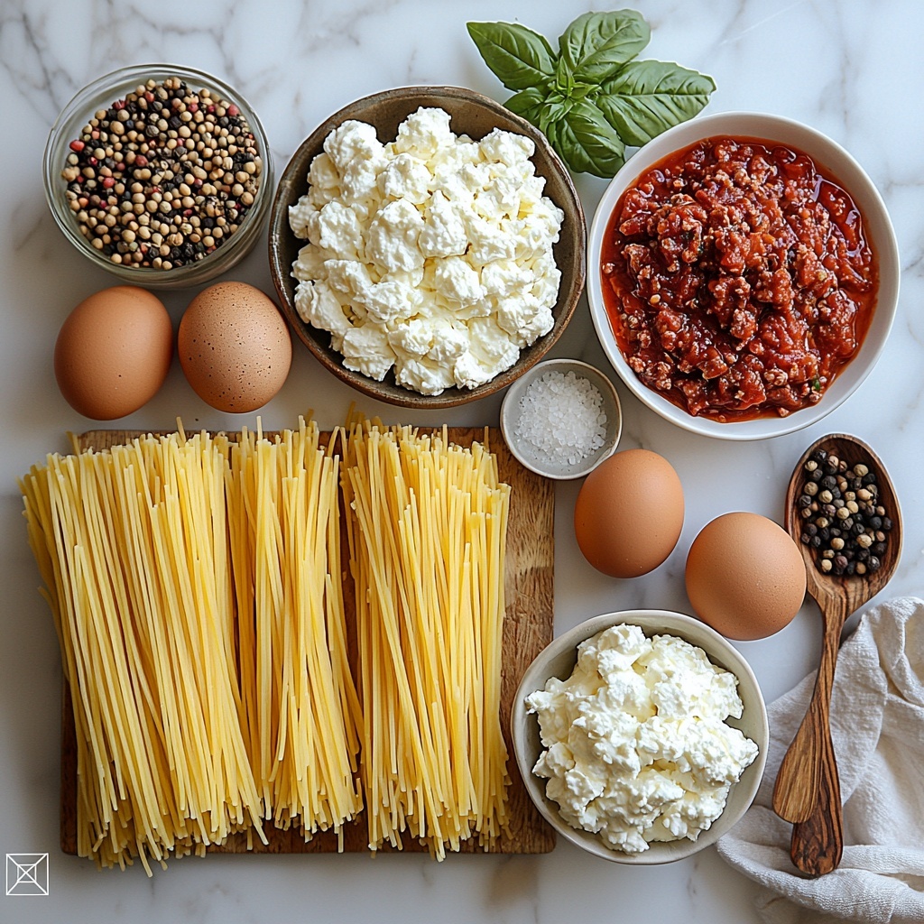 A clean white marble surface with ingredients for Spaghetti Pie Bake artfully arranged in a neat flat lay composition: a bundle of uncooked golden-yellow spaghetti noodles coiled loosely, a small bowl of raw lean ground beef in rich red tones, a clear glass bowl filled with vibrant red marinara sauce, a small white ramekin with creamy white ricotta cheese, a ceramic bowl heaped with shredded mozzarella showing soft, fluffy white texture, two large fresh brown eggs placed side by side, a small dish of bright green fresh basil leaves with some scattered sprigs, plus small salt and pepper piles on miniature spoons. Soft natural light from above highlighting the varied textures and colors, minimal shadows, styled with rustic wooden utensils and a folded linen napkin nearby for warmth and balance. overhead shot, top down view, flat lay photography, professional food styling --ar 1:1 --q 2 --s 750 --v 6.1