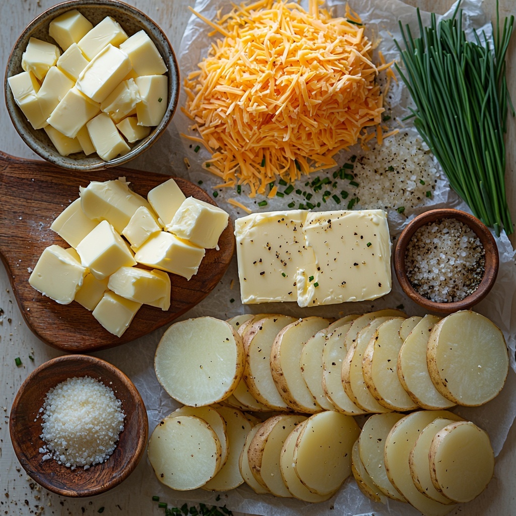 2 pounds of peeled and sliced potatoes arranged in a neat stack and scattered slices showing smooth, creamy white surfaces; a small bowl of rich, silky heavy cream with a slight shine; a heap of shredded sharp cheddar cheese, bright orange with delicate, curly strands; grated fine Parmesan cheese in a rustic small dish, pale ivory with a slightly crumbly texture; a slab of creamy butter with smooth, soft edges placed on parchment paper; a small wooden spoon filled with golden garlic powder, fine and powdery; small piles of coarse salt and freshly cracked black peppercorns, contrasting textures; fresh chopped chives with vibrant green color sprinkled loosely on the side; all ingredients placed artfully on a clean, matte white surface providing contrast and clarity, natural soft daylight highlighting the textures and colors, styled with minimalistic kitchen linen napkins and a vintage wooden cutting board slightly off-frame for warmth, subtle shadows for depth, high detail, crisp focus, overhead shot, top down view, flat lay photography, professional food styling --ar 1:1 --q 2 --s 750 --v 6.1