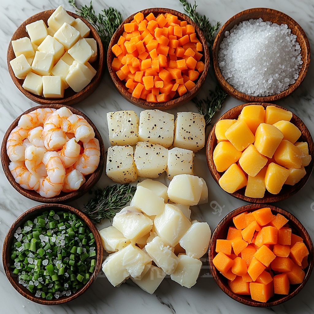 fresh chunks of haddock and cod fish, pink peeled and deveined shrimp, plump white scallops, diced golden-yellow potatoes, finely chopped white onions, vibrant green celery, bright orange diced carrots, minced garlic cloves, two tablespoons of creamy butter, sprigs of fresh thyme, coarse salt crystals, cracked black peppercorns, all neatly arranged on a clean white marble surface; rustic wooden bowls holding fish stock and heavy cream with soft creamy texture, natural daylight highlighting the colors and textures, slight shadows for depth, ingredients spaced evenly creating balanced composition, subtle props like a small wooden spoon and linen napkin for warmth, clean and minimalist styling emphasizing freshness and simplicity, overhead shot, top down view, flat lay photography, professional food styling --ar 1:1 --q 2 --s 750 --v 6.1
