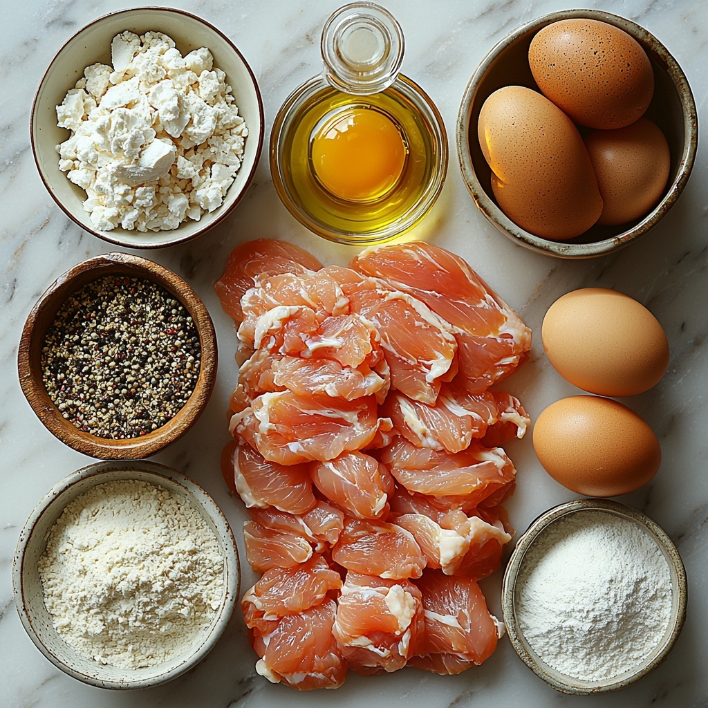A clean white marble surface neatly arranged with the key ingredients for chicken fried chicken: thinly sliced raw chicken breasts with a pale pink tone, small ceramic bowls containing white all-purpose flour, light beige baking powder, fine white baking soda, coarse white salt, ground black pepper, and off-white garlic powder. A glass bowl filled with creamy buttermilk slightly thick in texture, beside a cracked raw egg with bright yellow yolk visible. A small bottle or dish of vibrant red hot sauce adds a pop of color. A shallow metal pan or bowl with golden frying oil reflecting light softly. Additional bowls showing the separate 1/3 cup flour for gravy, white milk with a smooth texture, and small piles of salt and pepper. The ingredients are arranged symmetrically with space between, some wooden spoons and a whisk casually placed nearby. Soft natural lighting highlights the varied textures—from the powdery flours to the glossy liquid buttermilk and oil—creating a fresh and inviting mood. Overhead shot, top down view, flat lay photography, professional food styling --ar 1:1 --q 2 --s 750 --v 6.1