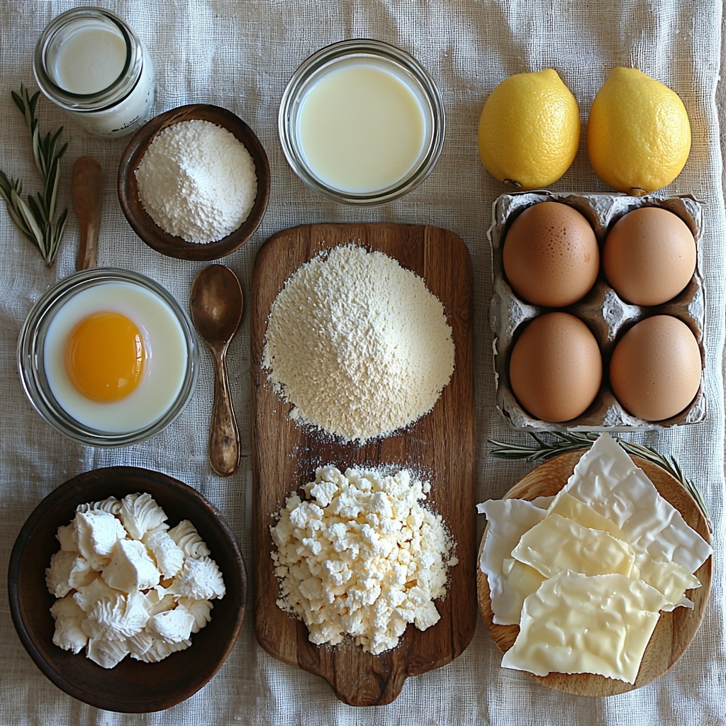 A clean, bright surface with the main ingredients arranged neatly for a flat lay photo: a small pile of fine, golden semolina grain in a white ceramic bowl; a glass measuring cup filled with creamy white milk; a clear small bowl of white granulated sugar; four fresh brown eggs arranged in a natural cluster; a small glass jar of golden melted butter; a partially unrolled package of delicate, translucent phyllo pastry sheets showing their thin, flaky texture; a small glass bowl of clear water; a halved bright yellow lemon with visible juicy pulp and a small clear bowl with pale syrup mixture to represent the sugar and lemon juice syrup; a small bottle of vanilla extract with dark amber liquid; all ingredients spaced evenly with natural soft daylight casting gentle shadows, highlighting the varied textures from smooth milk to flaky phyllo and glossy melted butter, styled simply with a rustic linen napkin and natural wooden spoon as accents, minimalistic and elegant, warm and inviting. Overhead shot, top down view, flat lay photography, professional food styling --ar 1:1 --q 2 --s 750 --v 6.1