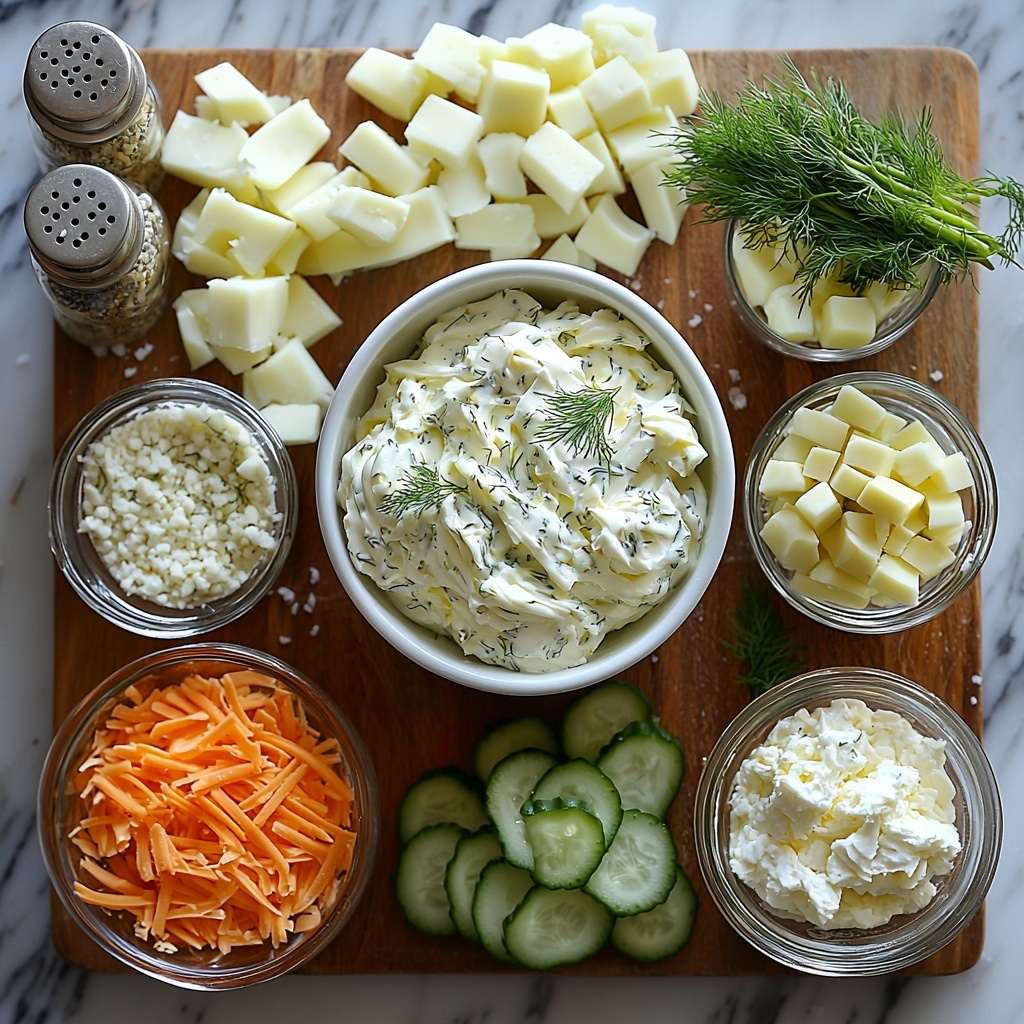 2 cups softened cream cheese in a white ceramic bowl, smooth and creamy texture; 1 cup chopped dill pickles showing vibrant green color with crisp texture in a small glass dish; 2 tablespoons clear, pale yellow pickle juice in a tiny glass container; 1/2 cup shredded sharp cheddar cheese, bright orange and slightly crumbly, scattered neatly on a wooden board; 1/4 cup chopped green onions with fresh bright green and white colors arranged in a small pile; 1 teaspoon garlic powder in a small rustic ceramic spoon, fine and pale off-white; 1 tablespoon fresh dill sprigs, feathery deep green, placed delicately beside the green onions; salt and pepper in small clear glass shakers, salt pristine white, pepper coarse black; 1/2 cup crushed crackers or nuts with a golden brown crumbly texture in a shallow bowl; all ingredients arranged thoughtfully on a smooth light marble surface, plenty of natural soft light creating gentle shadows, minimalistic styling with a few green onion stalks and fresh dill sprigs as garnish; overhead shot, top down view, flat lay photography, professional food styling --ar 1:1 --q 2 --s 750 --v 6.1