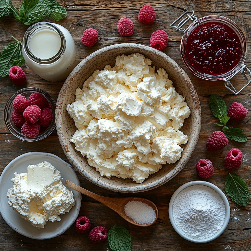 baking mix in a rustic ceramic bowl with a wooden spoon, granulated sugar in a small glass jar with a tiny wooden scoop, softened unsalted butter on a white butter dish with small knife, whole milk in a clear glass measuring cup showing creamy texture, softened cream cheese on a white porcelain plate with soft, smooth texture, vibrant red raspberry preserves in a small white ramekin with glossy surface, powdered sugar in a fine mesh sieve lightly dusted around, vanilla extract in a small amber bottle with cork stopper, all ingredients arranged neatly on a clean, light wooden surface with natural soft daylight highlighting their textures and colors, slight shadows adding depth, minimalistic styling with a few fresh raspberries and a sprig of mint as accent, overhead shot, top down view, flat lay photography, professional food styling --ar 1:1 --q 2 --s 750 --v 6.1