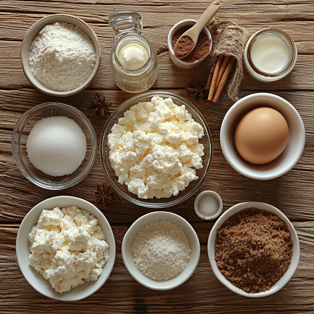 unsalted butter, granulated sugar in a small glass bowl, vanilla extract in a tiny clear bottle, a large brown egg, all-purpose flour in a white ceramic bowl with a wooden spoon, baking soda and salt in small white porcelain spoons, ground cinnamon and ground nutmeg in rustic small bowls with soft powdery textures, heavy cream in a glass measuring cup showing the creamy liquid, brown sugar piled slightly mounded on a rustic wooden surface, cornstarch in a small white ramekin, all ingredients neatly arranged on a clean light wood surface with natural soft diffused daylight from the side creating gentle shadows, warm neutral tones emphasizing the ingredients’ natural colors and textures, composition balanced with negative space around each element for visual clarity, minimal props, subtle linen napkin folded softly near the edges, overhead shot, top down view, flat lay photography, professional food styling --ar 1:1 --q 2 --s 750 --v 6.1