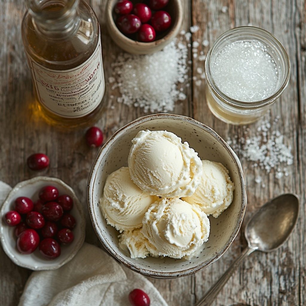 vanilla ice cream scoops soft and creamy white texture in a small clear bowl, a glass measuring cup with smooth pale milk, a tall glass bottle of fizzy lemon-lime soda with condensation droplets, a small white dish filled with fresh bright red cranberries, a tiny glass bowl holding sparkling coarse sugar crystals catching the light, a small glass shot of clear rum or vodka glistening, all arranged neatly on a clean light wooden surface with subtle natural shadows, styled with a light linen napkin and a polished silver spoon nearby, emphasizing contrasting colors and textures—creamy, fizzy, crystalline, and vibrant red—creating a fresh and inviting scene, perfect harmony of rustic and modern elements, soft natural daylight highlighting each ingredient’s detail, overhead shot, top down view, flat lay photography, professional food styling --ar 1:1 --q 2 --s 750 --v 6.1