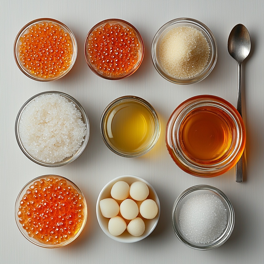 170 ml vibrant red and orange fruit puree in a small glass bowl, smooth and glossy texture; 1 teaspoon fine white agar agar powder in a delicate ceramic dish, powdery and pure white; 1 teaspoon sparkling white granulated sugar in a tiny clear glass ramekin, crystalline texture catching the light; 20 ml clear water in a small transparent measuring cup with subtle reflections; 500 ml very cold vegetable oil in a large transparent jar, slightly golden and viscous, with subtle condensation droplets on the outside indicating chill. All ingredients carefully arranged on a pristine white matte surface, spaced evenly with natural daylight casting soft shadows, minimalistic and clean styling emphasizing fresh colors and textures. A silver teaspoon and a small sieve included as props to hint at the preparation process. Overhead shot, top down view, flat lay photography, professional food styling --ar 1:1 --q 2 --s 750 --v 6.1