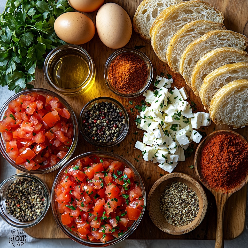 4 fresh whole eggs with smooth shells, a large open can of vibrant red crushed tomatoes with rich texture, two diced bell peppers showing glossy red and yellow pieces, a finely chopped white onion with delicate layers, three peeled garlic cloves and a small heap of minced garlic, small wooden spoons holding warm brown cumin powder and deep red paprika powder, a small glass bowl of golden olive oil shimmering under light, a salt and pepper shaker with fine grains, a handful of bright green chopped fresh cilantro or parsley leaves scattered neatly, a small bowl of crumbly white feta cheese, and several slices of rustic crusty bread with a rough, toasted crust arranged on a clean white surface. All ingredients are spaced evenly with natural soft daylight casting gentle shadows, styled with minimalistic props like a wooden cutting board and linen cloth in neutral tones to emphasize vivid colors and fresh textures. Overhead shot, top down view, flat lay photography, professional food styling --ar 1:1 --q 2 --s 750 --v 6.1