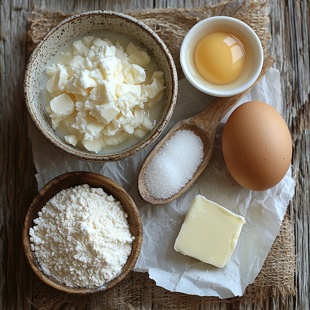 warm milk in a small clear glass measuring cup, light golden granulated sugar in a wooden spoon, a small pile of off-white active dry yeast granules on a ceramic dish, a pat of pale yellow softened unsalted butter on white parchment paper, one large brown egg with smooth shell, a small white bowl of fine white all-purpose flour, a teaspoon with white salt crystals, all ingredients neatly arranged on a clean, light wood surface with soft natural lighting emphasizing textures and subtle shadows, rustic yet minimal styling with a touch of cozy farmhouse charm, overhead shot, top down view, flat lay photography, professional food styling --ar 1:1 --q 2 --s 750 --v 6.1