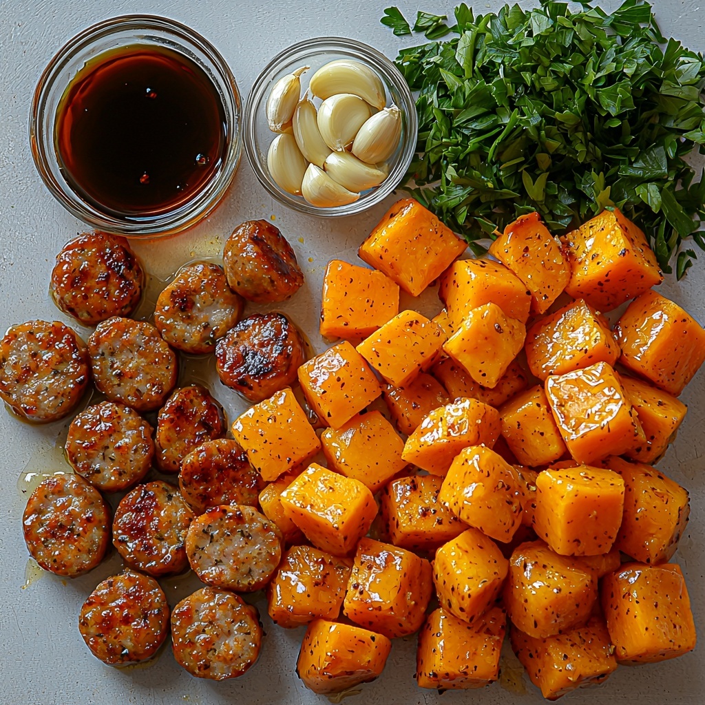 A clean white surface neatly arranged with the main ingredients for honey garlic sausage sweet potatoes: thick coins of smoky, richly browned sausage with a glossy, caramelized texture; vibrant orange cubes of peeled sweet potatoes showing a slightly matte, starchy texture; three peeled garlic cloves minced finely with a fresh off-white color; a small glass bowl of golden amber honey with a smooth, viscous surface catching light; a small dish of dark, glossy soy sauce; two tablespoons of golden olive oil glistening in a shallow white ceramic spoon; and a small bunch of freshly chopped bright green parsley adding a pop of color and freshness. The ingredients are spaced with an inviting balance, some overlapping slightly to create depth, styled with natural soft lighting that highlights the varied textures—silky honey, crisp sausage edges, and tender sweet potatoes. Shadows are soft, emphasizing a warm, rustic, cozy feel while maintaining a modern, clean, and appetizing aesthetic. Overhead shot, top down view, flat lay photography, professional food styling --ar 1:1 --q 2 --s 750 --v 6.1