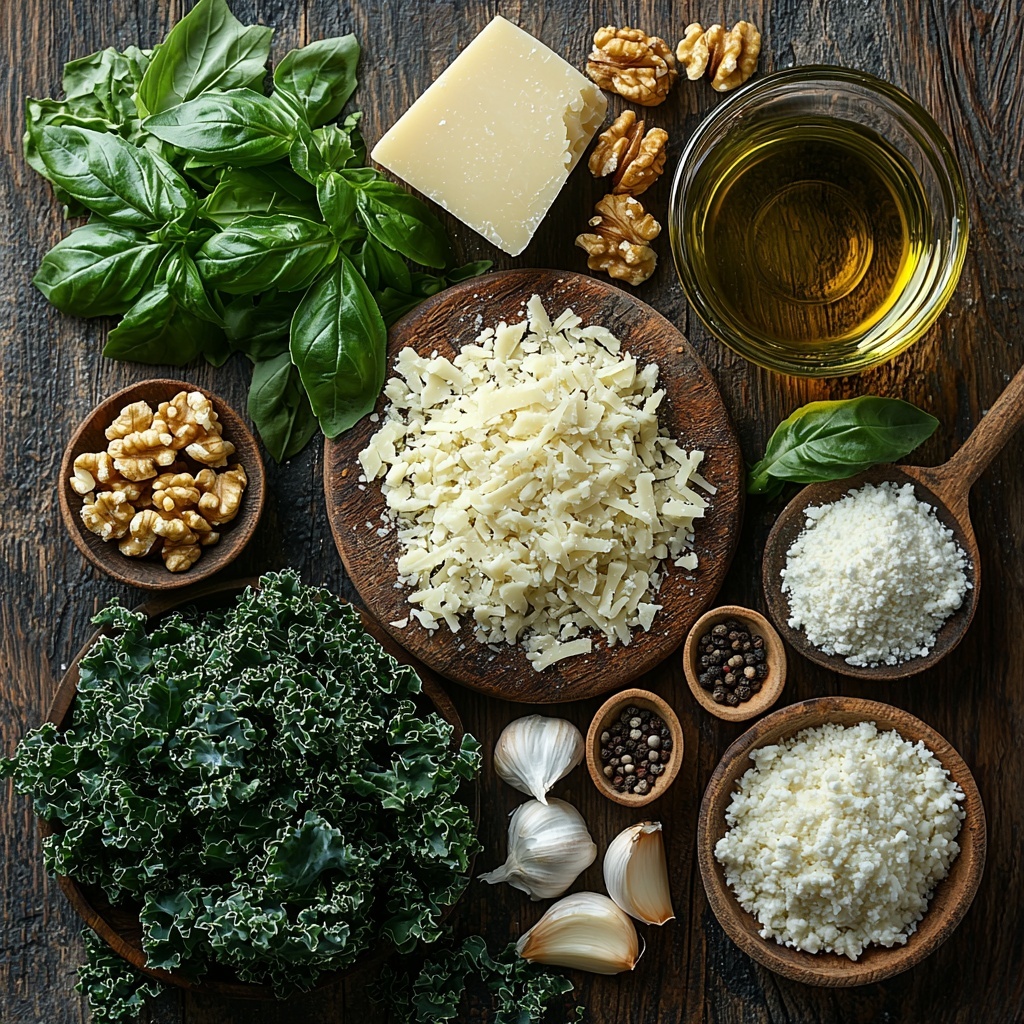 Pre-made pizza crust, fresh chopped kale with vibrant dark green leaves, bright green fresh basil leaves arranged in small clusters, a rustic pile of shelled walnuts with textured brown shells, a small delicate heap of finely grated Parmesan cheese in off-white, two peeled garlic cloves with smooth creamy white surfaces, a glass bowl of golden olive oil reflecting light, small ceramic spoons holding salt and black pepper grains, and a mound of shredded mozzarella cheese in soft white strands. All ingredients are neatly spaced on a clean, light wooden surface with soft natural lighting highlighting the contrasting colors and textures. The composition balances freshness and rustic charm with shadows adding depth, styled minimally with simple props like a wooden spoon and linen napkin to enhance the artisanal feel. Overhead shot, top down view, flat lay photography, professional food styling --ar 1:1 --q 2 --s 750 --v 6.1