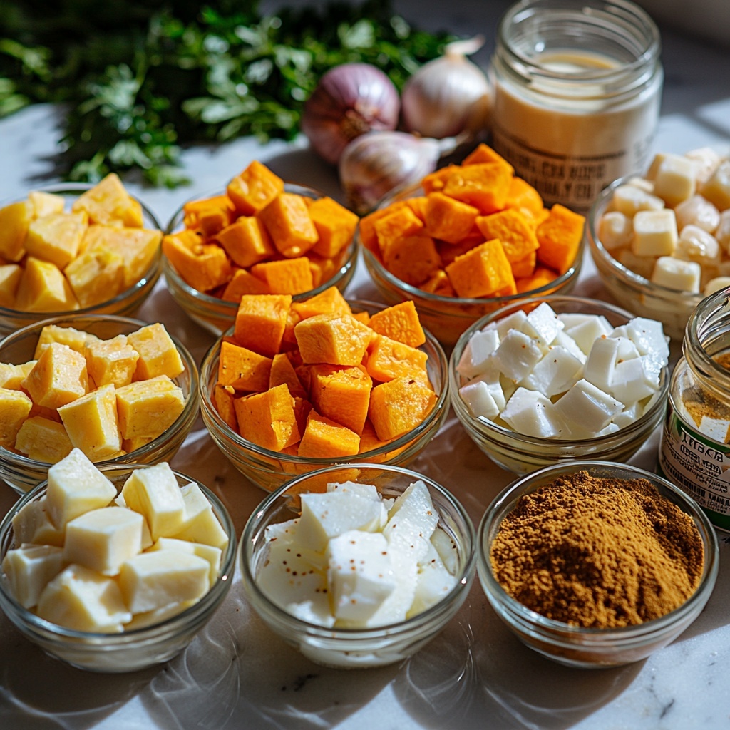 4 medium peeled and diced bright orange carrots, 2 medium peeled and diced vibrant orange sweet potatoes, 1 yellow onion finely diced with translucent white and pale yellow tones, 3 garlic cloves minced into small off-white pieces, a small bowl of creamy white full-fat coconut milk, a can of coconut milk with label visible, a measuring spoon filled with golden brown cumin powder, a measuring spoon with warm beige ground ginger, a small dish or bowl of glossy golden coconut oil, and a glass container of clear light amber low-sodium vegetable broth, all carefully arranged in separate small bowls and piles on a clean, bright white surface. The ingredients are spaced evenly with natural shadows, highlighting their varied textures from smooth and creamy to rough and diced. Soft natural lighting enhances the vivid colors and fresh quality of the vegetables and spices. The composition is neatly organized for clarity, emphasizing harmony and freshness. Overhead shot, top down view, flat lay photography, professional food styling --ar 1:1 --q 2 --s 750 --v 6.1
