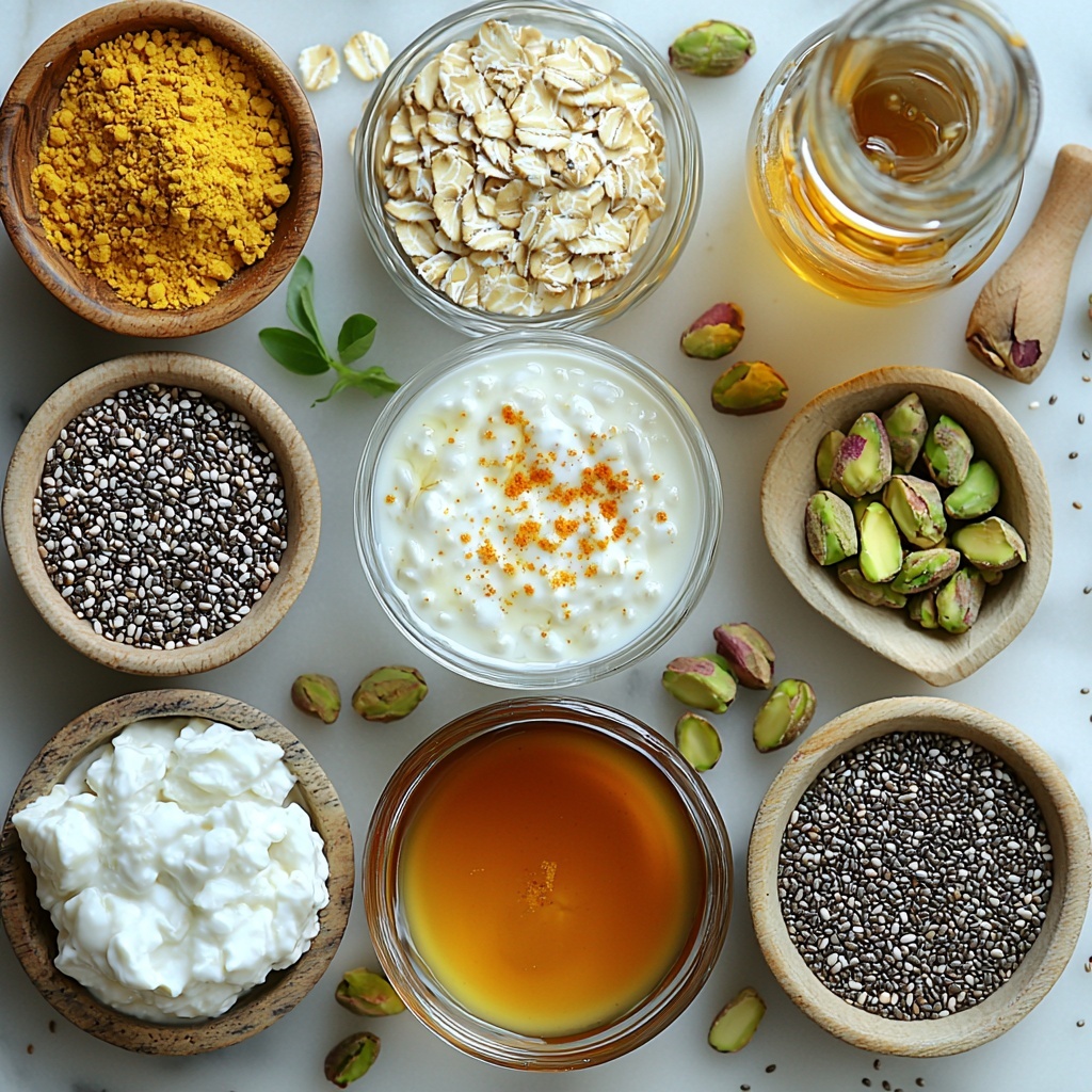 Rolled oats in a small clear bowl, creamy plain yogurt in a ceramic ramekin, chia seeds sprinkled in a tiny glass dish, golden maple syrup in a small wooden spoon, warm milk with delicate saffron threads steeping in a glass cup, a pinch of bright orange-red saffron threads scattered artistically on the surface, ground cardamom in a rustic small bowl highlighting its pale green powder, a few bright green chopped pistachios in a shallow dish, a small glass bottle of rose water with a subtle pink tint nearby; all ingredients arranged neatly on a clean white marble surface with soft natural light casting gentle shadows, textures contrasting between smooth yogurt, coarse oats, and tiny chia seeds, pops of warm yellow and green add vibrancy, minimalistic styling with a few fresh green pistachio leaves for accent, slight rustic touch from wooden spoon, overhead shot, top down view, flat lay photography, professional food styling --ar 1:1 --q 2 --s 750 --v 6.1