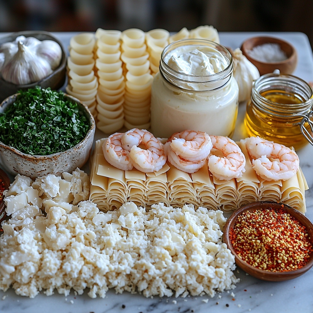 Shrimp peeled and deveined, bright pink and glossy, nestled next to delicate white and orange crab meat chunks; uncooked flat, beige lasagna noodles neatly stacked in a clean row; a small bowl filled with creamy white ricotta cheese, smooth and velvety; shredded mozzarella cheese piled loosely, fluffy and soft, beside a heap of finely grated pale yellow Parmesan cheese; a glass jar of rich, glossy Alfredo sauce with its creamy off-white texture visible; a small bowl of thick heavy cream, white and silky; fresh green chopped parsley scattered artfully nearby for a pop of color; two cloves of garlic, peeled and whole, with their smooth white skins catching the light; a small dish of golden olive oil catching reflections; tiny piles of salt, coarse and white, black pepper grains, and crushed red pepper flakes for texture contrast; a bowl of golden toasted breadcrumbs with a crunchy texture; all ingredients arranged symmetrically and spaced evenly on a pristine white marble surface with soft natural light casting gentle shadows, creating a vibrant, clean, and inviting look — overhead shot, top down view, flat lay photography, professional food styling --ar 1:1 --q 2 --s 750 --v 6.1