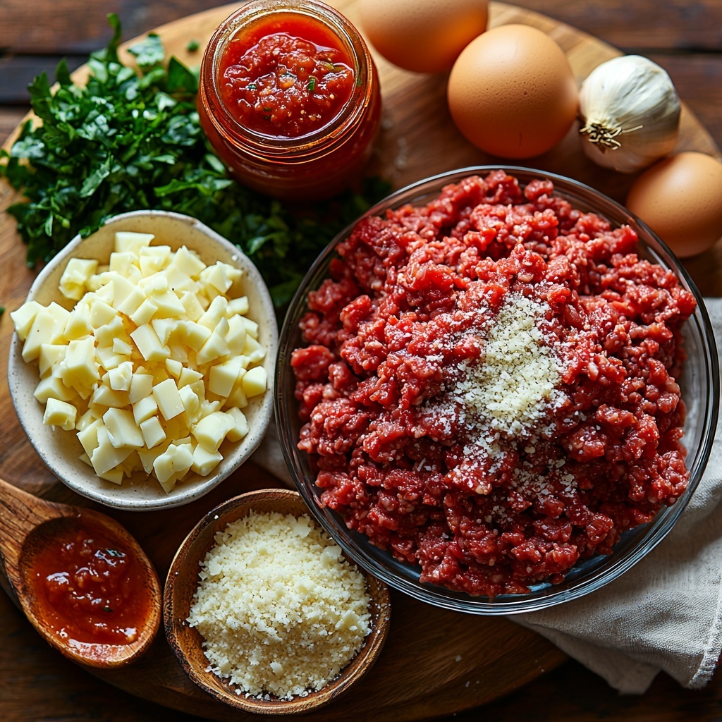 Lean ground beef in a small glass bowl showcasing its rich red color and coarse texture, next to a rustic wooden spoon filled with golden Italian bread crumbs. A small white ramekin holds finely diced translucent onion, beside a bright green pile of chopped fresh parsley leaves arranged neatly on a white ceramic plate. A small heap of finely grated ivory Parmesan cheese is artistically scattered near a cracked raw egg with the yolk visible inside a clear glass bowl. Two plump peeled garlic cloves sit next to a tiny wooden bowl filled with fragrant Italian seasoning herbs, their green and brown flecks vibrant against a clean neutral linen napkin. Three colorful cans arranged nearby: one open can of bright red diced tomatoes with visible juicy chunks, a jar of deep red pasta sauce with glossy texture, and another can of crushed tomatoes showing a slightly chunky vibrant red puree. All items are spread evenly across a light wooden surface with natural soft daylight highlighting the colors and textures, shadows minimal and the composition balanced with negative space around each ingredient. Overhead shot, top down view, flat lay photography, professional food styling --ar 1:1 --q 2 --s 750 --v 6.1