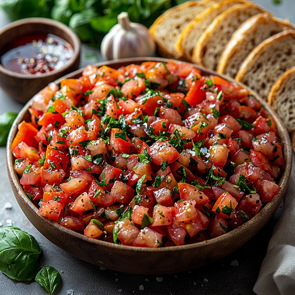 ripe diced Roma and regular tomatoes in vibrant reds with juicy texture, fresh bright green chopped basil leaves finely sliced, small garlic cloves whole and minced with papery skins partially peeled, golden olive oil in a small glass bowl catching light, rich dark red wine vinegar in a tiny clear dish, coarse salt crystals and freshly ground black pepper sprinkled loosely on the surface, a rustic sliced baguette with a golden crust and soft crumb arranged in a neat row, a small dish of olive oil for brushing, a clove of garlic beside toasted baguette slices with light golden browning, all ingredients carefully spaced on a smooth clean white surface to emphasize colors and textures, natural soft daylight highlighting freshness and moisture, minimal shadows, styled with simple linen napkin folded nearby and a small basil sprig for accent overhead shot, top down view, flat lay photography, professional food styling --ar 1:1 --q 2 --s 750 --v 6.1