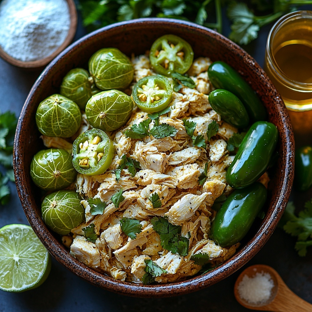 pre-cooked shredded chicken piled loosely on a rustic ceramic bowl, fresh green tomatillos whole and halved showing their pale green interiors, bright green jalapeños whole with stems attached, a medium white onion quartered with crisp layers visible, unpeeled garlic cloves clustered showing papery skins, a small bunch of vibrant cilantro with delicate leaves, small glass bowls containing ground Mexican oregano and ground cumin with fine powder textures, freshly squeezed lime halves with juicy pulp, coarse sea salt crystals scattered lightly on the surface, a mound of finely textured beige Maseca Para Tamal flour, smooth dollops of creamy white lard in a small dish, a measuring cup with golden warm chicken broth reflecting light, baking powder in a tiny dish with fine powder, a neat stack of dried corn husks with natural veins and a slightly rough texture, all arranged artfully on a clean, bright white matte surface. Warm natural light with soft shadows enhances the fresh colors and varied textures. Minimalist styling with subtle rustic accents like a wooden spoon and linen napkin nearby create a homely, inviting atmosphere. overhead shot, top down view, flat lay photography, professional food styling --ar 1:1 --q 2 --s 750 --v 6.1