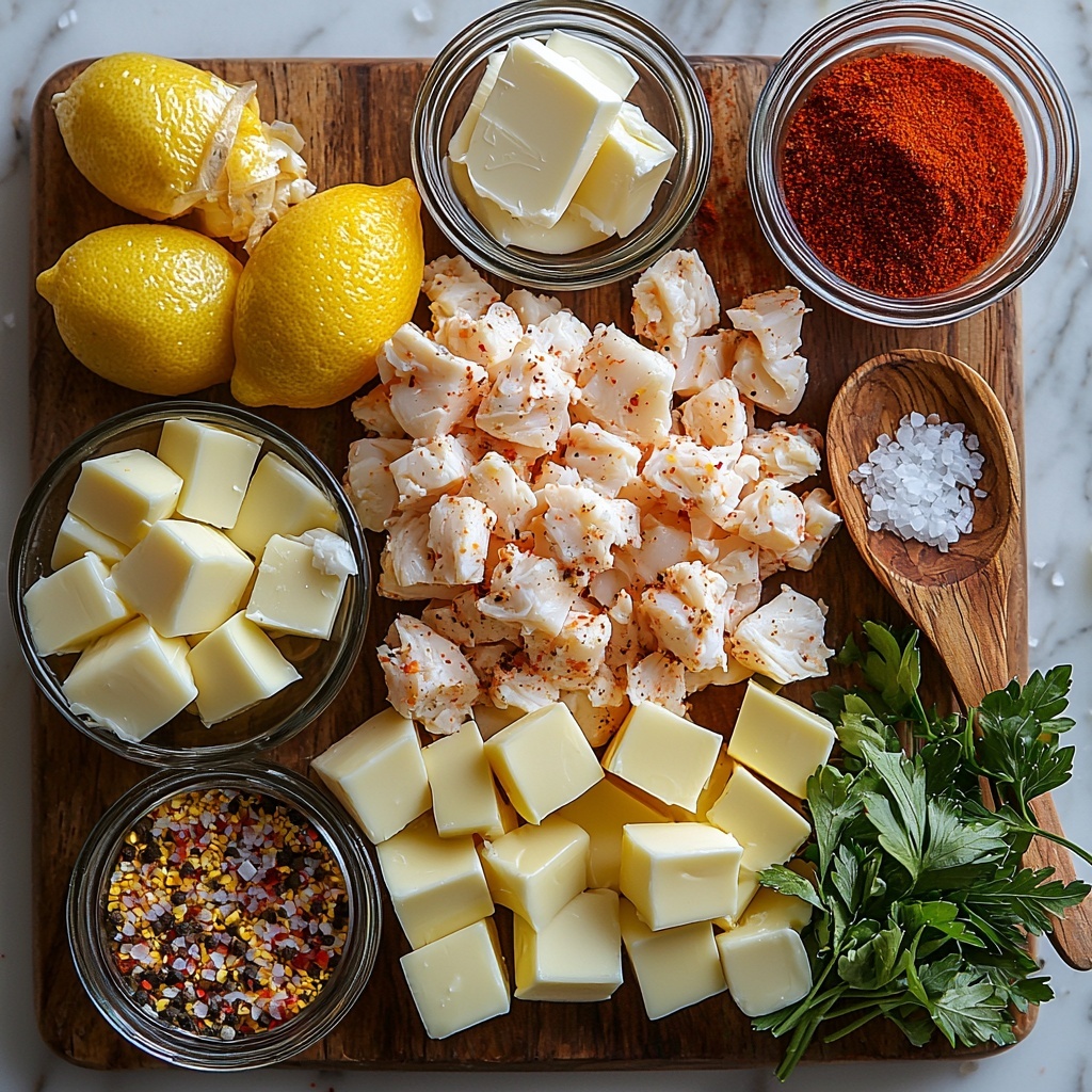 Fresh lump crab meat in delicate white and pink clusters, glossy butter cubes melting slightly, a small glass dish of golden olive oil shimmering, finely chopped white onion and bright pale green diced celery arranged in neat piles, two medium peeled potatoes cut into small, creamy off-white cubes, a scattering of vibrant yellow corn kernels, a rustic bowl of rich, amber seafood stock, a small jug of thick, pale ivory heavy cream, wooden spoon heaped with deep red Old Bay seasoning and paprika powder, sea salt crystals and coarse black peppercorns in small dishes, a wedge of bright yellow lemon, a bunch of freshly chopped vivid green parsley leaves, all placed artfully on a clean white marble surface with natural daylight casting soft shadows, textures contrasting from smooth cream to rough spices, colors vibrant and fresh, styled for an inviting, warm seafood stew preparation — overhead shot, top down view, flat lay photography, professional food styling --ar 1:1 --q 2 --s 750 --v 6.1