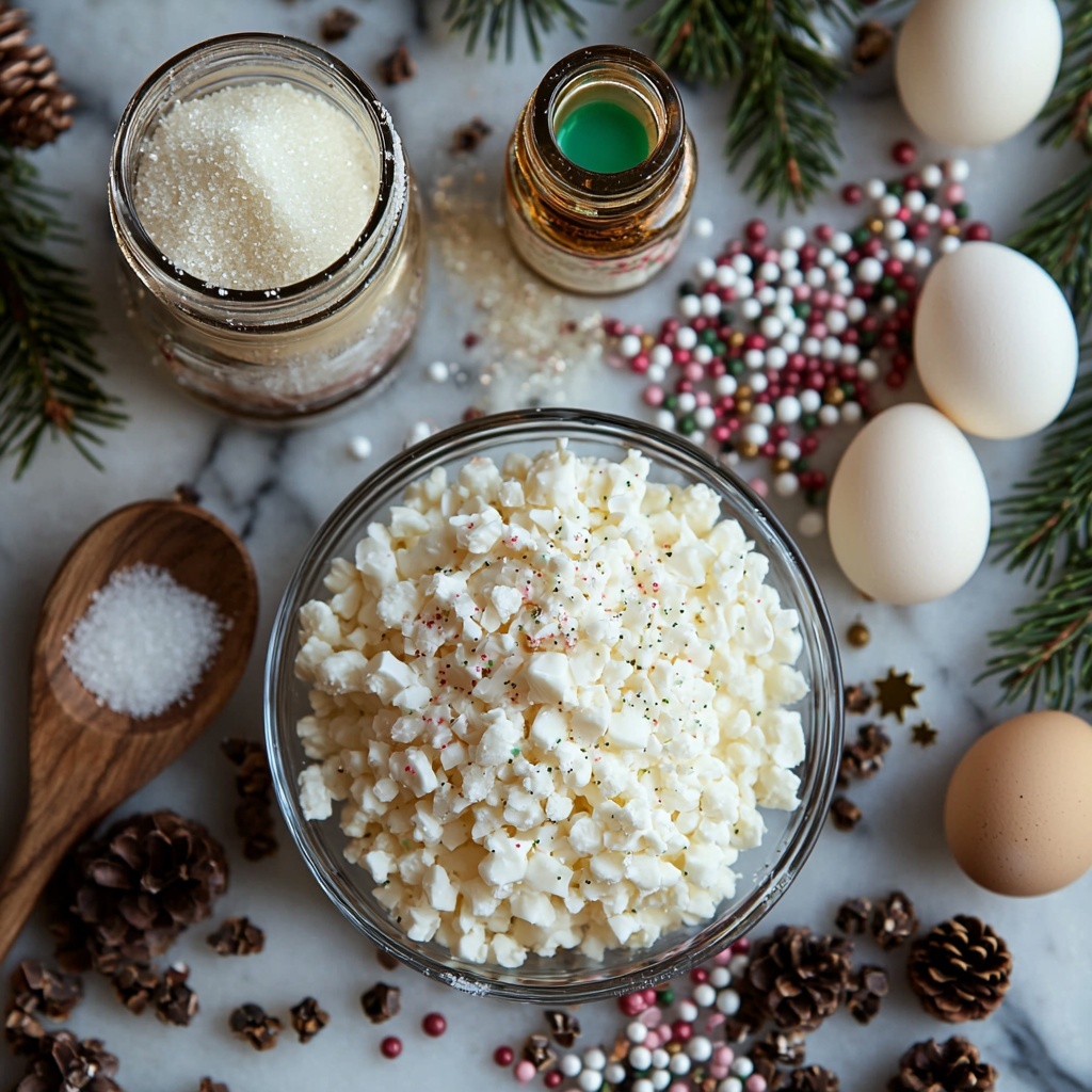 3 large fresh egg whites in a small glass bowl, a white ceramic bowl filled with sparkling white granulated sugar, a small dish of fine white cream of tartar powder, a tiny glass bottle of clear vanilla or peppermint extract, a small jar of vibrant green gel food coloring with a droplet on a spoon nearby, a scattering of colorful holiday sprinkles and delicate edible pearls arranged in a neat pile, a tiny dish holding shiny edible gold star decorations, all ingredients carefully spaced on a clean white marble surface with soft natural light creating gentle shadows, emphasizing the bright whites and vibrant green tones, textures ranging from smooth liquids to fine powders and glossy sugar crystals, styled with minimalistic rustic props like a wooden spoon and fresh evergreen sprigs to evoke festive cheer, composition balanced and harmonious, overhead shot, top down view, flat lay photography, professional food styling --ar 1:1 --q 2 --s 750 --v 6.1