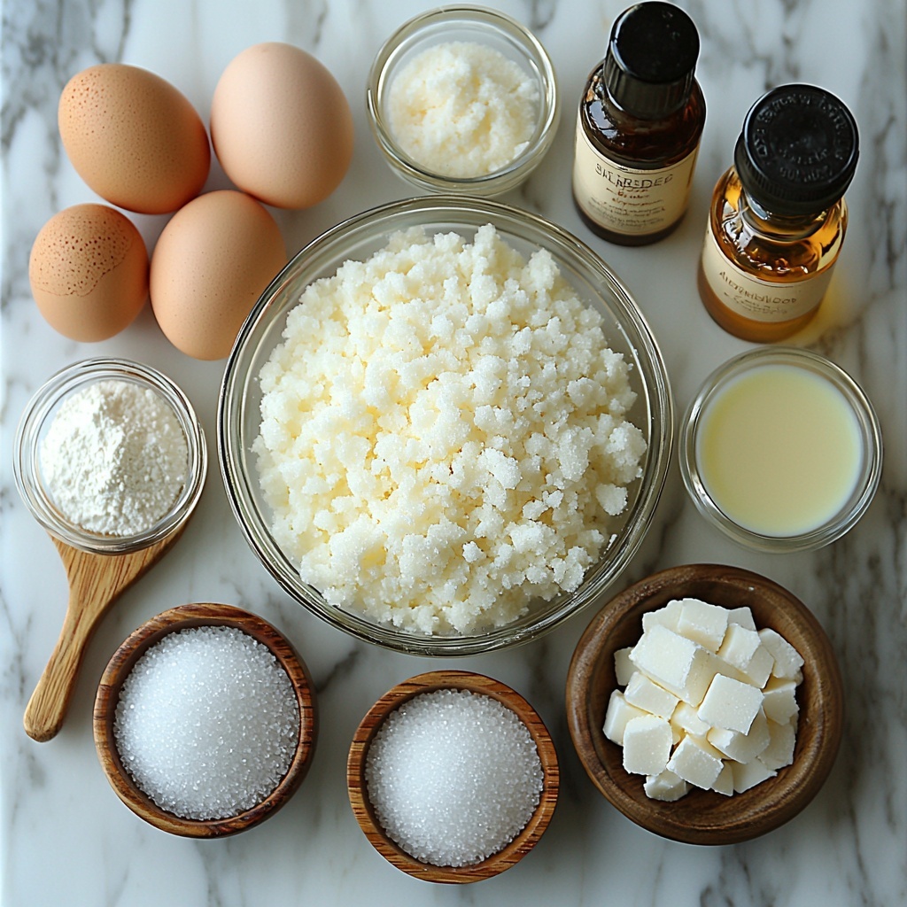 4 large egg whites in clear glass bowls showing their translucent, glossy texture; a white ceramic bowl filled with fine white granulated sugar; small glass ramekins containing cream of tartar (white powder), a pinch of salt, and pale lemon juice; a small glass bottle of pure vanilla extract with amber liquid; a tiny dish with almond extract in pale beige; all ingredients neatly arranged in a circular composition on a pristine white marble surface with soft natural light casting gentle shadows; subtle accents of a wooden spoon and a vintage whisk placed artfully nearby to add warmth and artisan feel; focus on clean, fresh colors and contrasting textures—smooth eggs, crystalline sugar, delicate powders, and clear liquids—creating an inviting and organized layout that highlights each ingredient distinctly; overhead shot, top down view, flat lay photography, professional food styling --ar 1:1 --q 2 --s 750 --v 6.1